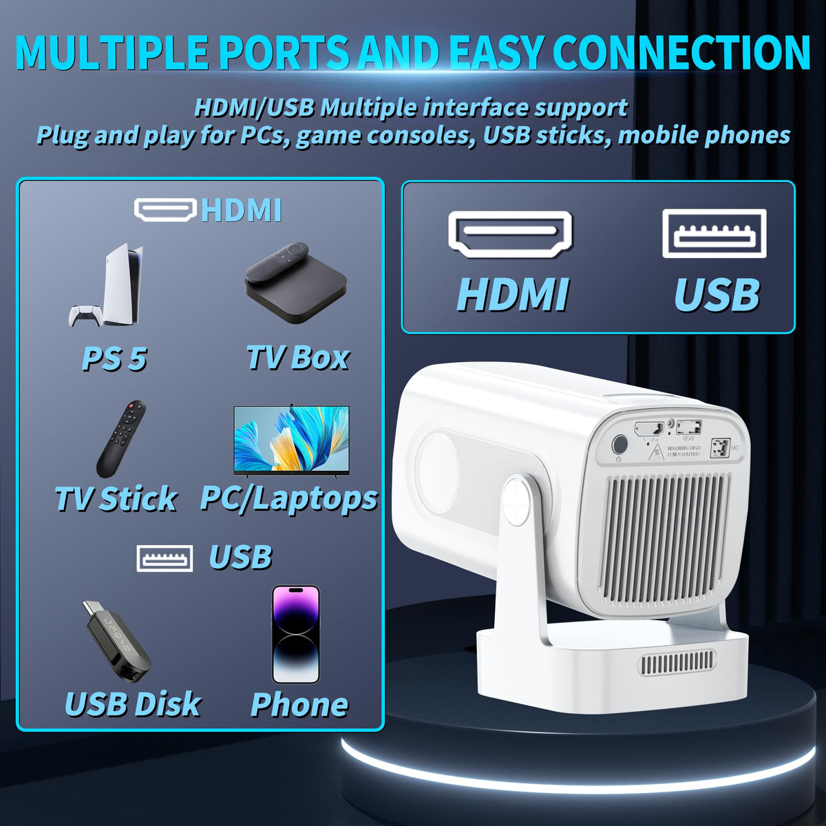 Mini Projector 1080P with WiFi 6 and Bluetooth 5.4, 4K Full HD Projector Features Auto Focus & Keystone, Portable Projector Built-in App Support 270° Rotatable, Compatible with Phone/HDMI/USB - White