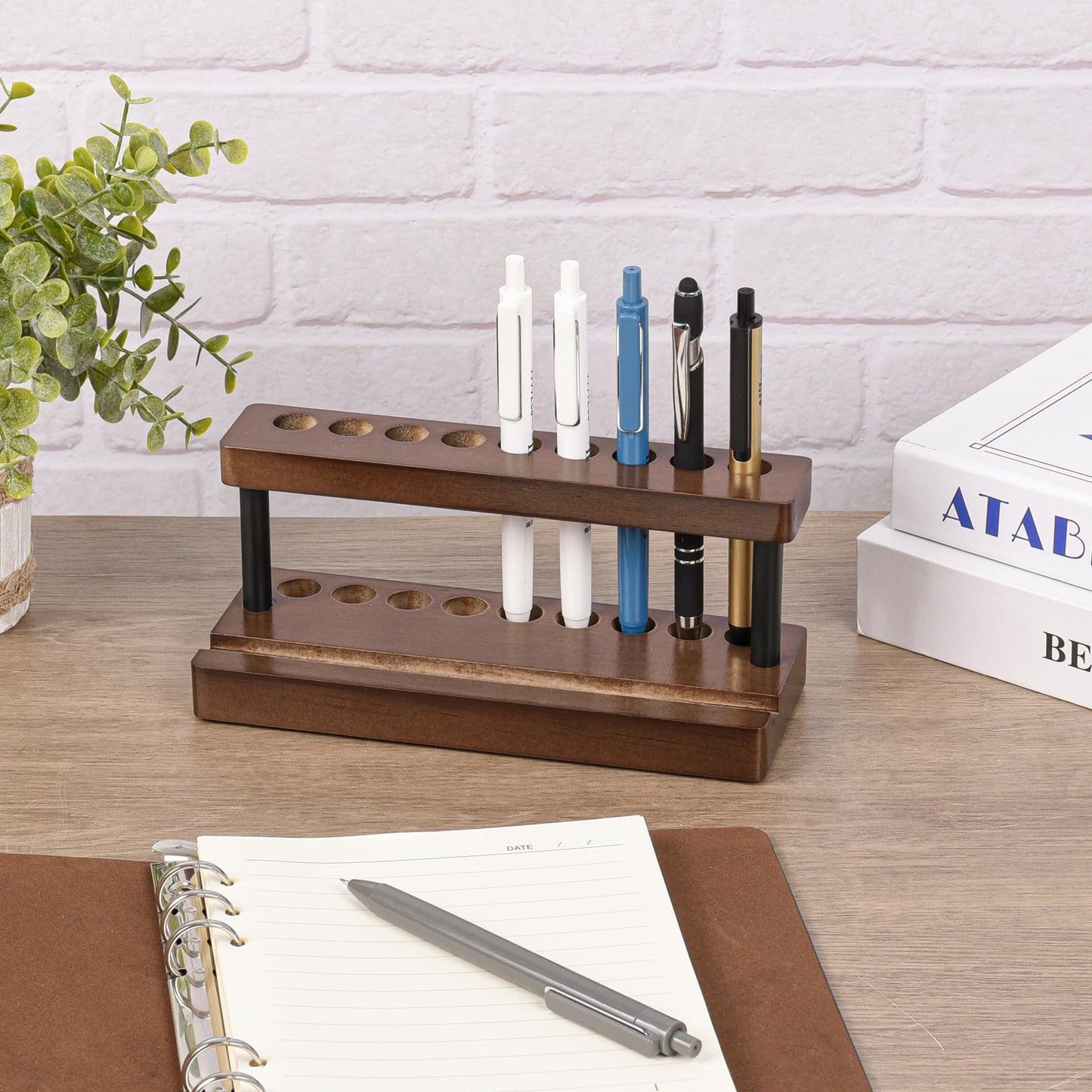 Wooden Pen Holder for Desk, Wood Pencil Holder Fountain Pens Display Stand with 9 Slots and Phone Holder, Stylish Office Desk Decor, Pen Organizer for Office, Home