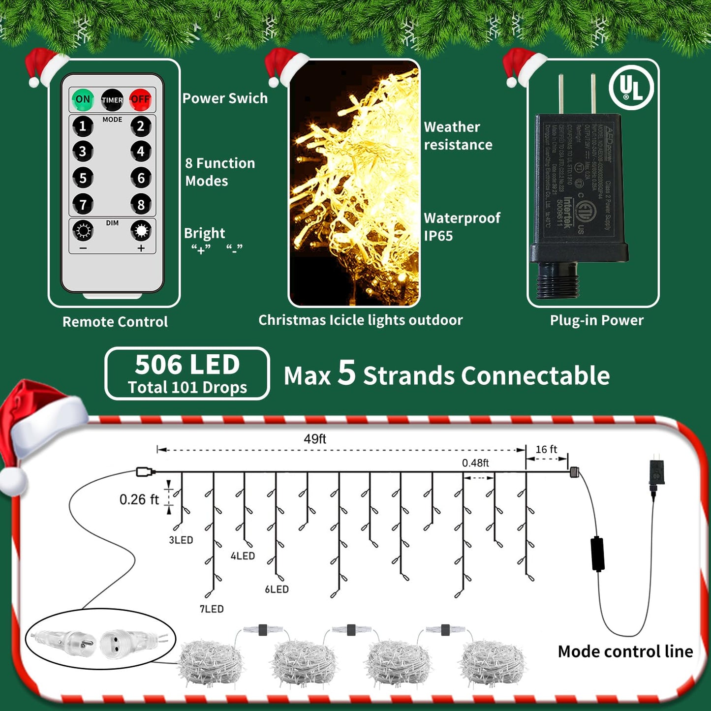 Ryblgled Plug-in Icicle Christmas Lights Waterproof - 65Ft 506 LED Icicle Lights for Outside Decorations with Remote, Warm White Icicle String Lights for Outdoor Indoor House Balcony Decor