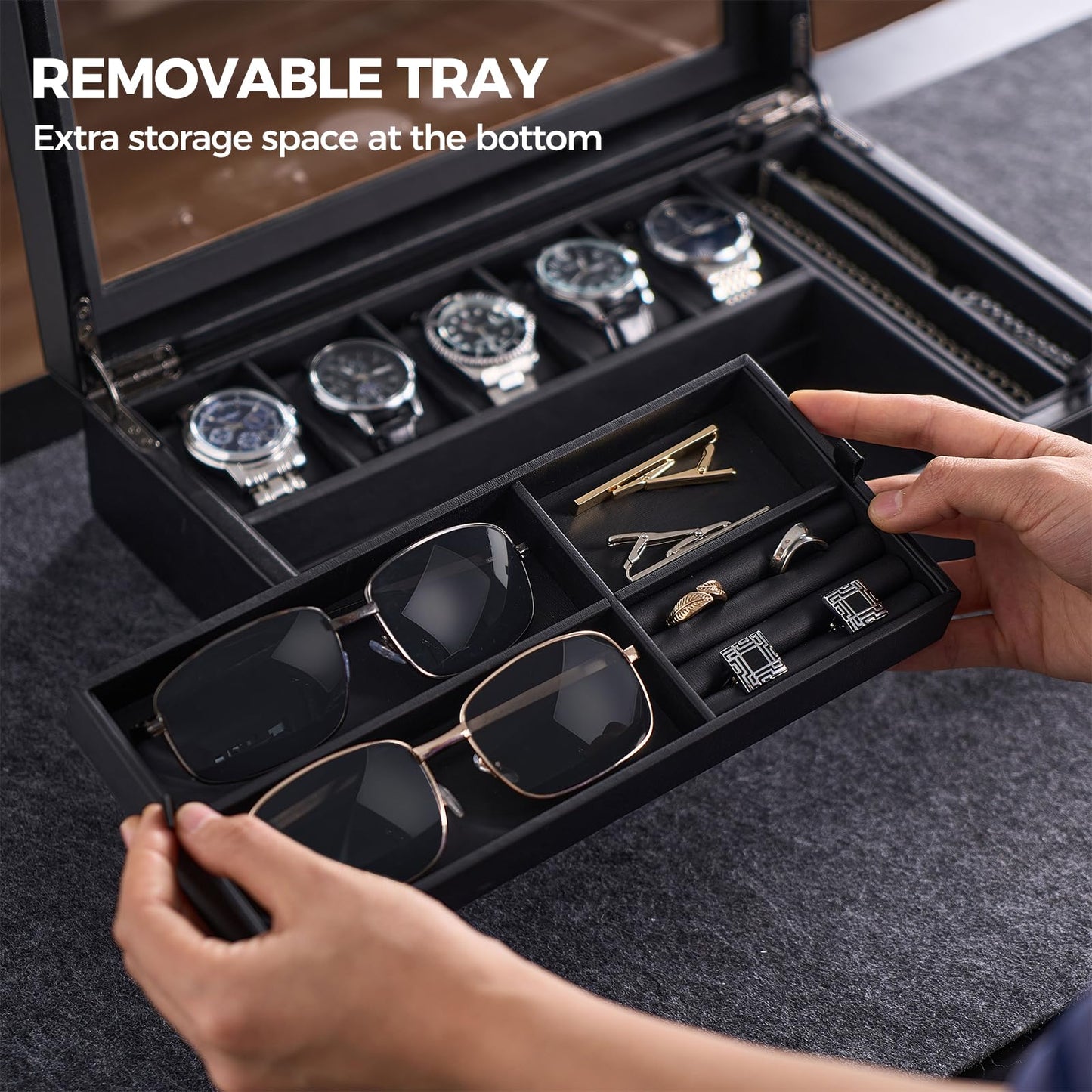 ProCase Men's Jewelry Box, 5-Slot Watch Display Case Jewellry Storage Organizer for Sunglasses Rings Accessories with Hidden Compartment, Watch Holder with Glass Lid, Fathers Day Gift -Black