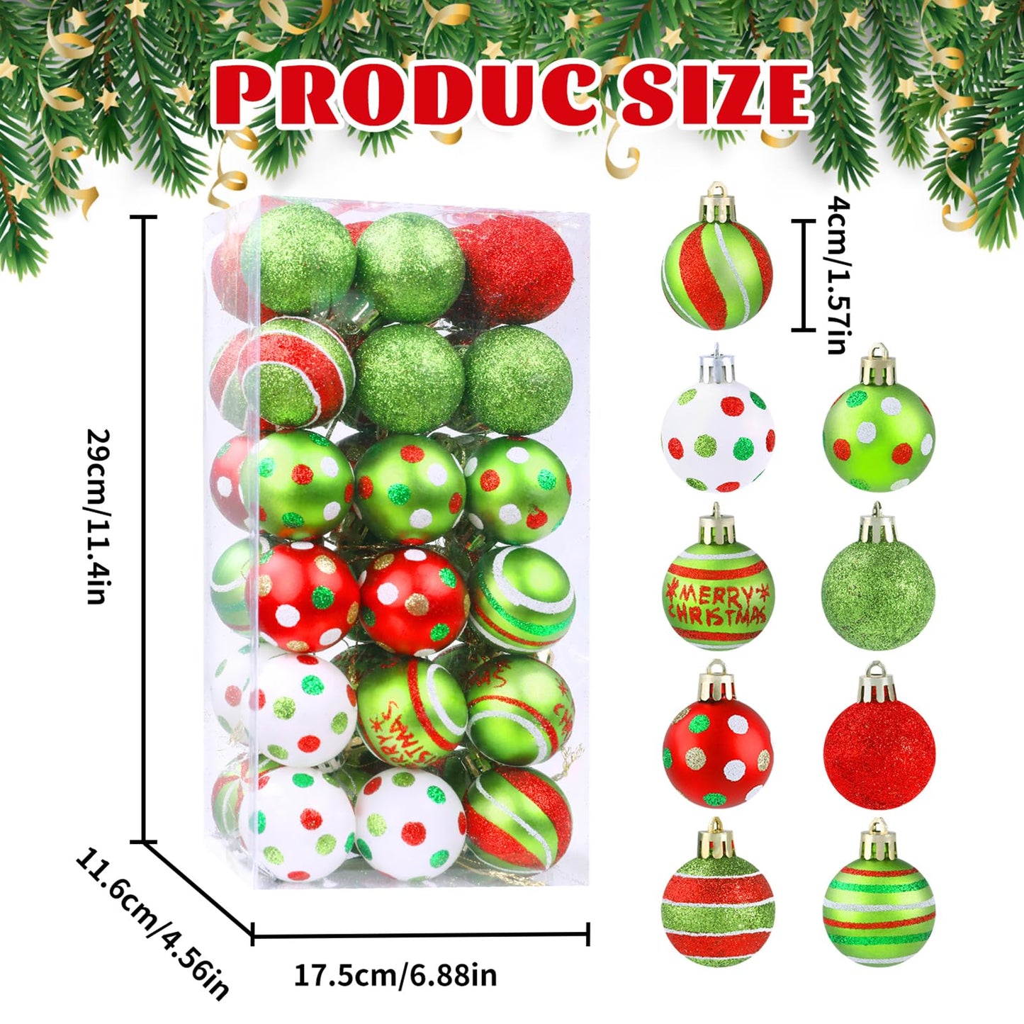 Celltestria 36pcs Mini Christmas Balls Ornament 1.57 Inch Red Green Glittering Little Xmas Balls for Tree Decoration Swirl Candy Cane Tiny Christmas Baubles for Home Indoor Holiday Party Decor