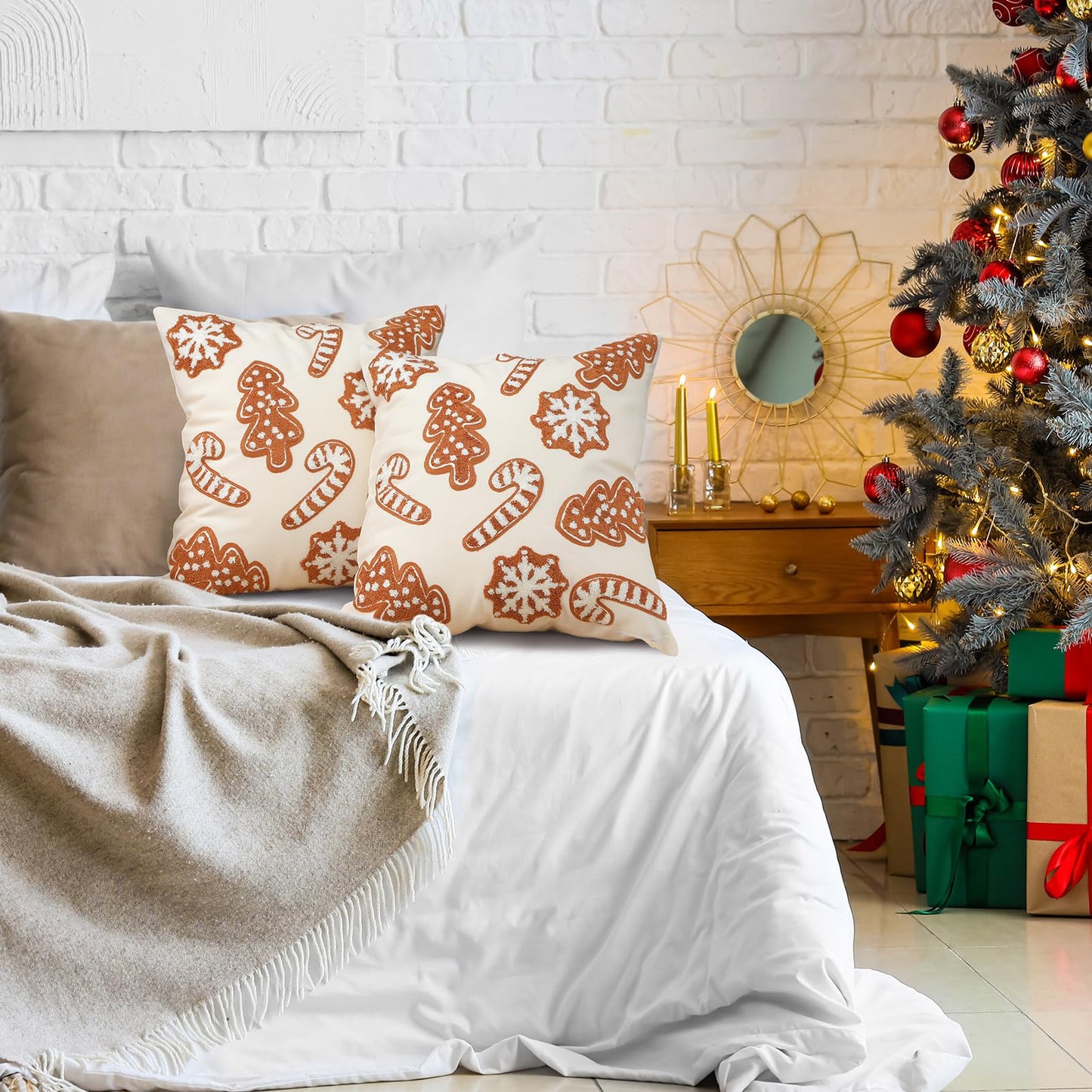 VitalCozy 2 Pcs Gingerbread Christmas Throw Pillow Covers 18'' x 18'' Plush 3D Embroidery Gingerbread Man Pillowcases for Xmas Winter Indoor Outdoor Couch Sofa Cushion Decorations