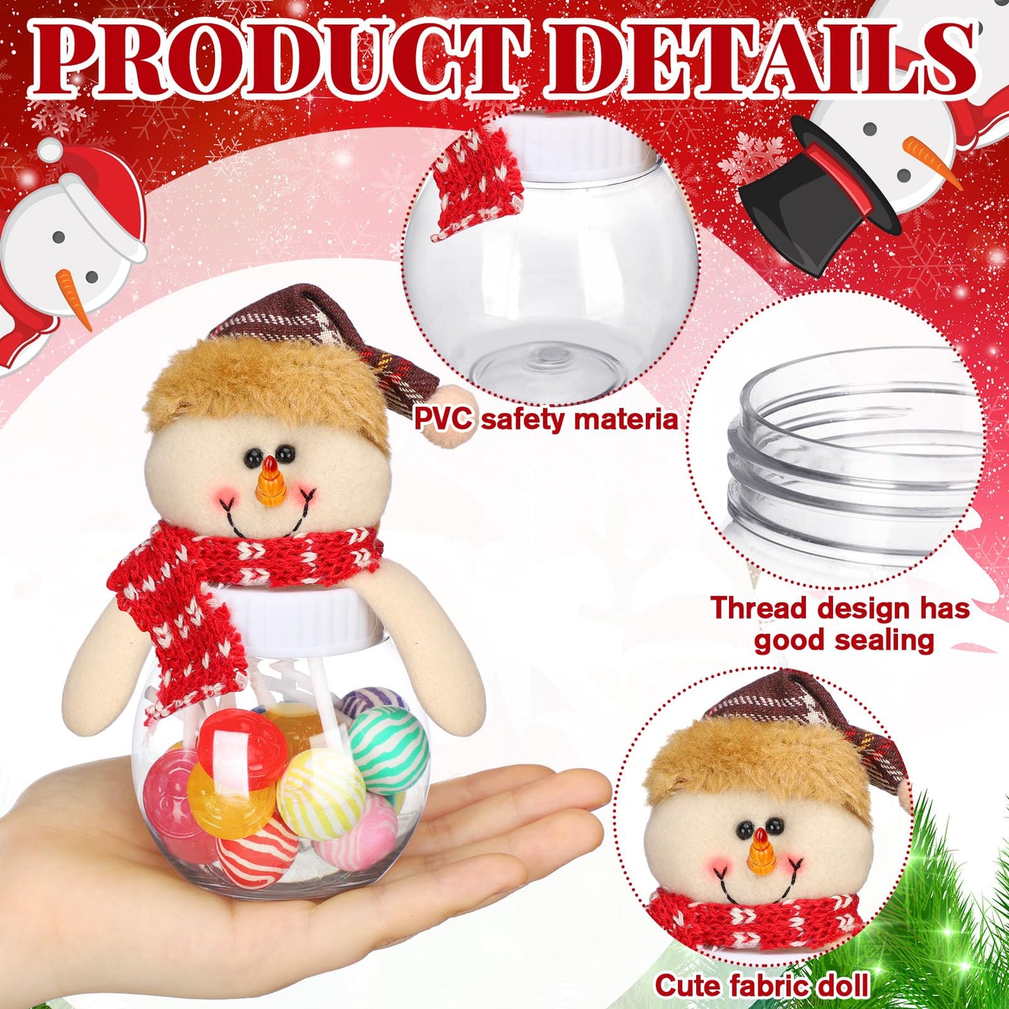 Reallnaive 12 Pcs Christmas Candy Jars with Snowman Santa Elk Lid 5.91 x 3.1 Inch Plastic Clear Christmas Cookie Chocolate Jar Xmas Snack Food Storage Container for Gifts Holiday Party Favor Supplies