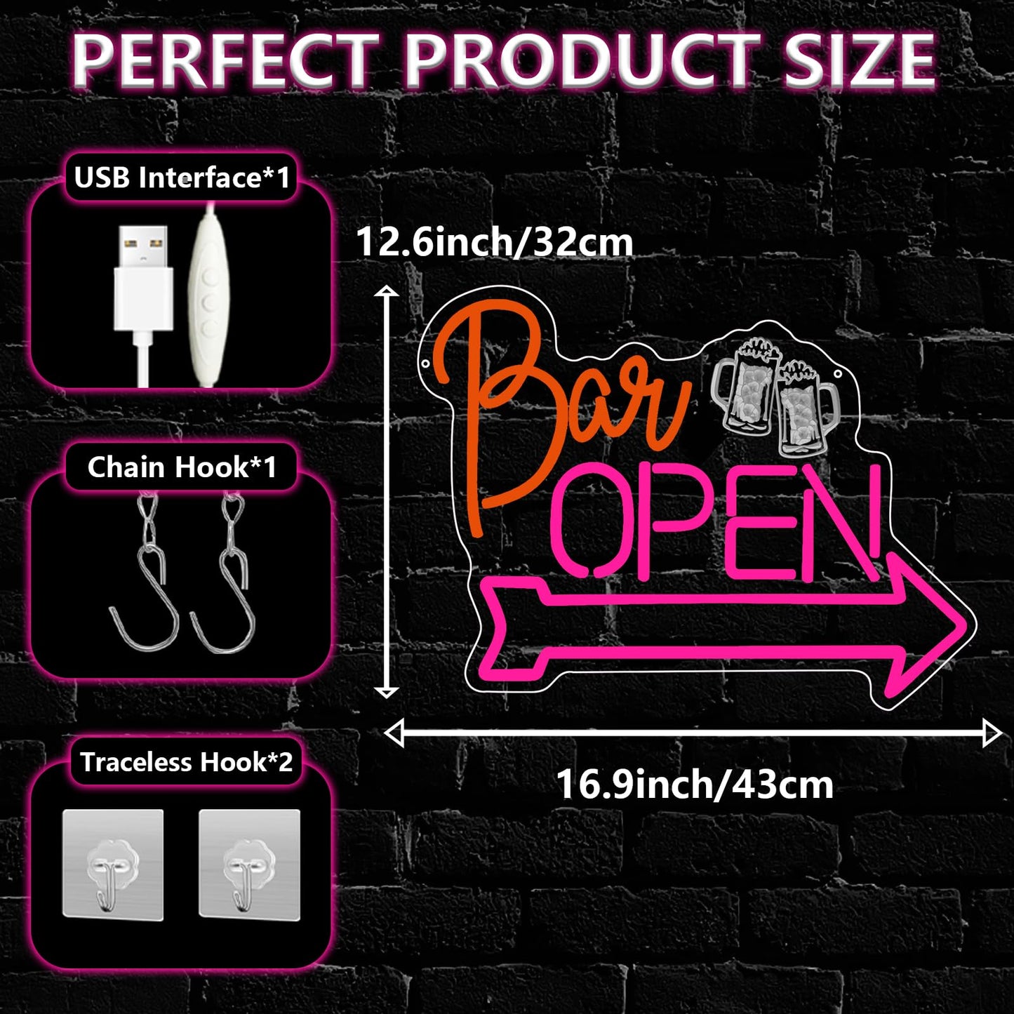 Bar Open Neon Sign,Open Signs for Business Home Beer Bar Man Cave Club Pub Restaurant Stores Hotel Party,Pink Orange Dimmable LED Sign Wall Art Decor Gift for Men Women USB Powered（16.9"*12.6"）