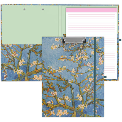 A4 Cute Clipboard Folio with Notepad Clipfolio and Interior Storage, Foldable Nursing Legal Size Clipboards for Work/Kids/Teachers - Almond Tree