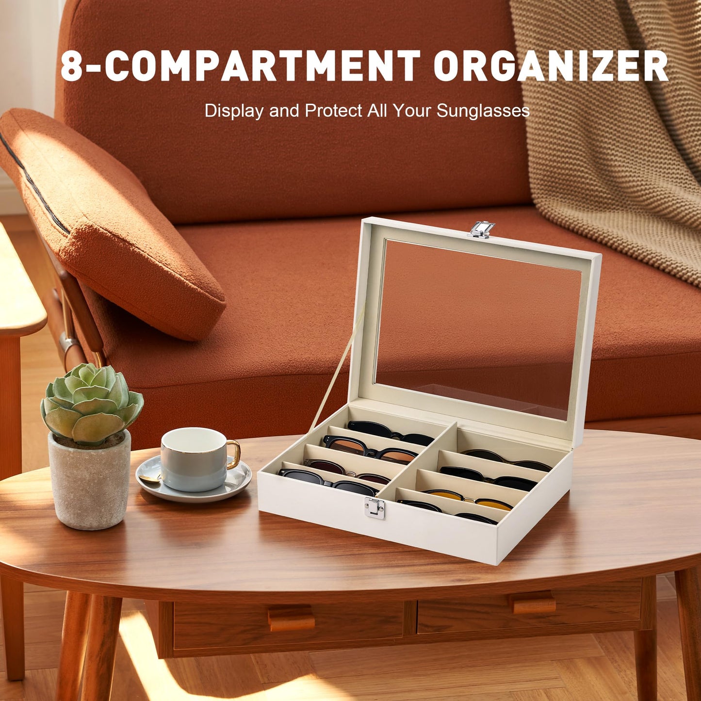 CO-Z Sunglasses Organizer with 8 Slots, Leather Eyeglasses Storage Box for Multiple Glasses, Lockable Display Case for Women Men, Glasses Holder for Watches Jewelry Collection, White