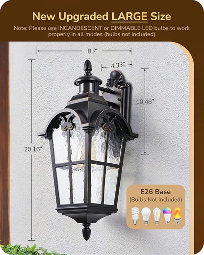EDISHINE 20.2" Large Motion Sensor Outdoor Wall Lights, Dusk to Dawn Exterior Sconce with Water Ripple Glass, Waterproof Outside Porch Lighting Wall Mount Fixture for Front Door Garage