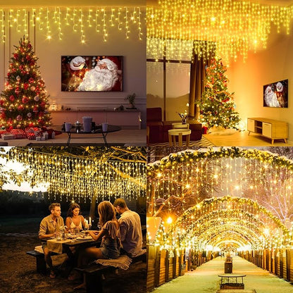 65 FT 640 LED Christmas Lights Outdoor Decorations Clear Wire String Lights Plug in 120 Drops 8 Modes Memory Timer Connectable Curtain Fairy Lights Waterproof for Holiday Wedding Party-Warm White