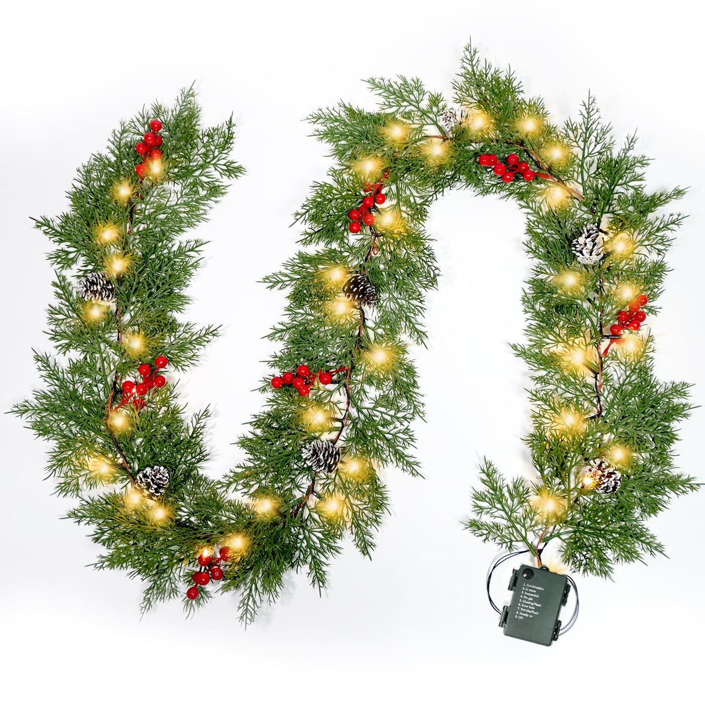 Christmas Garland Lights 6.56FT 40 LED Battery Operated Lighted Garlands with Timer Red Berry Pinecone Cypress Pine Garlands Wreath Christmas Decor for Mantel Stairs Porch Indoor Outdoor Home Decor