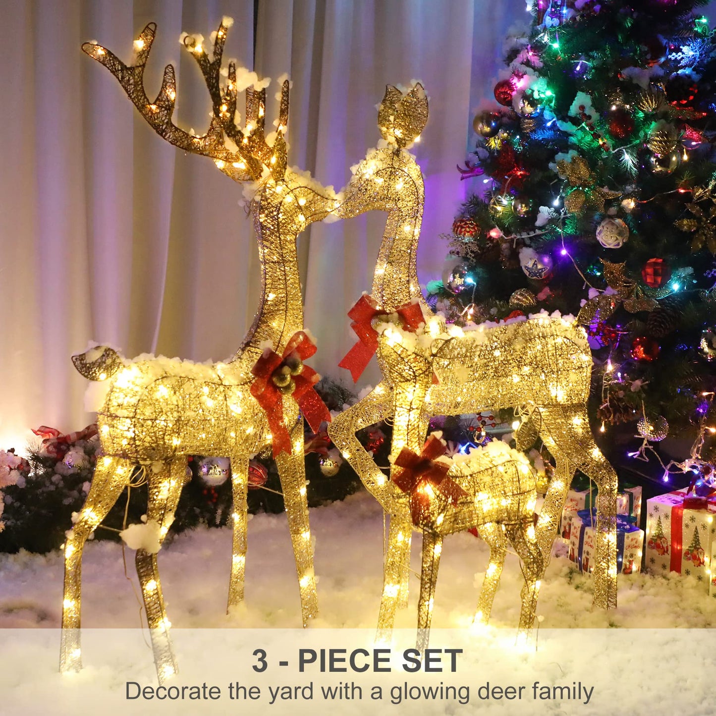 Lighted Christmas Decoration Deer 3 Piece, HOYECHI Light up Christmas Decor Reindeer Family Set for Indoor Outdoor Front Yard Porch with 210 LED Lights, Plug, Ground Stakes - Gold