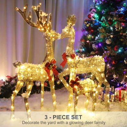 Lighted Christmas Decoration Deer 3 Piece, HOYECHI Light up Christmas Decor Reindeer Family Set for Indoor Outdoor Front Yard Porch with 210 LED Lights, Plug, Ground Stakes - Gold