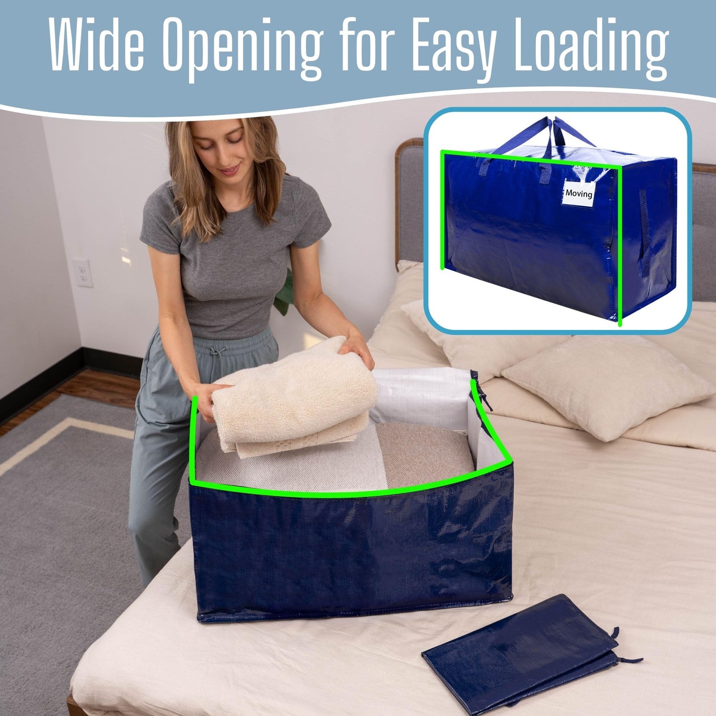 VENO 4 Pack Extra Large Heavy Duty Moving Bags with Wide Opening & Reinforced Handles, Reusable Storage Tote Bags with Strong Zippers for Clothes, College Dorm Essentials & Moving Supplies