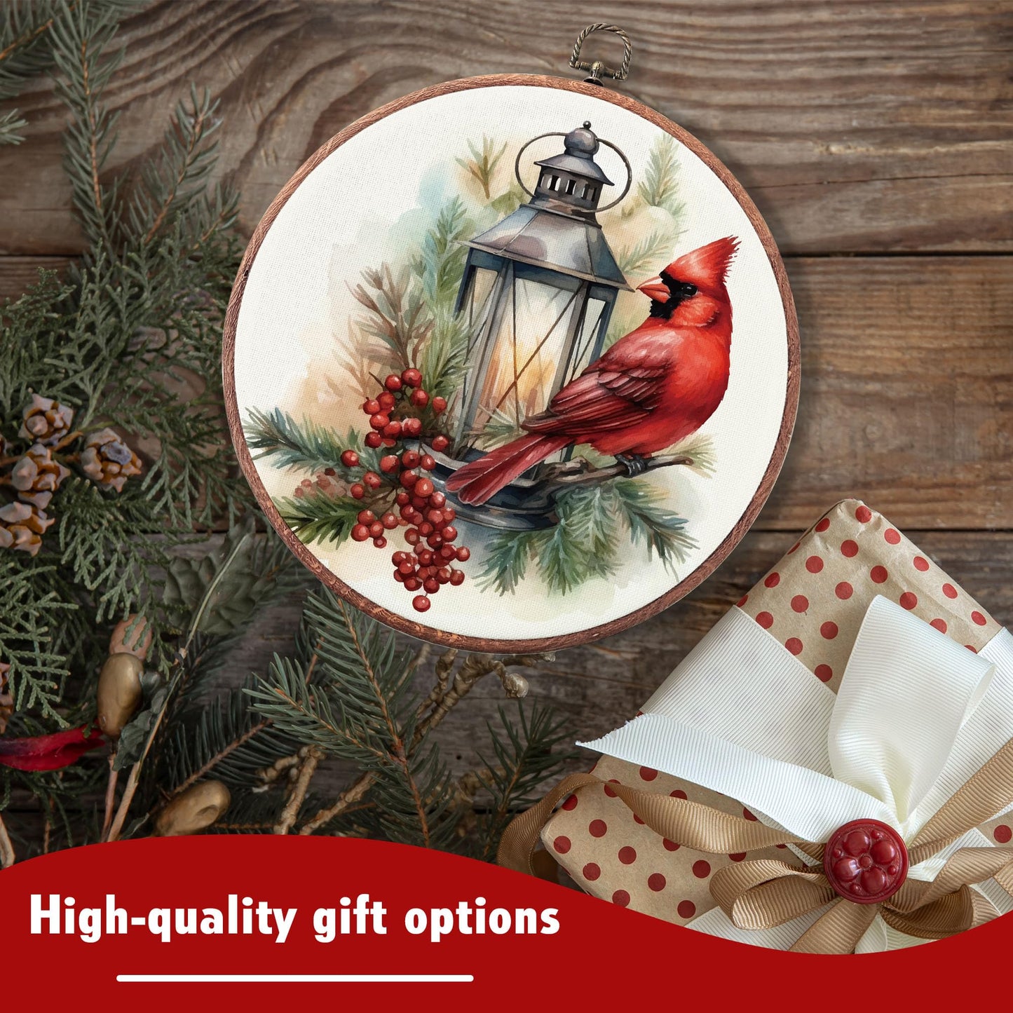 heiyihe Round Christmas Canvas Frame Wall Art Decor, 10x10 Inches Round Red Cardinal Bird Wall Artwork, Christmas Embroidery Kit Decor for Home Office, Xmas Gift Ideas for Family Friends-A02