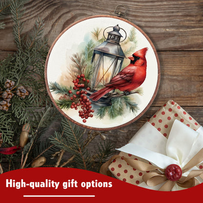 heiyihe Round Christmas Canvas Frame Wall Art Decor, 10x10 Inches Round Red Cardinal Bird Wall Artwork, Christmas Embroidery Kit Decor for Home Office, Xmas Gift Ideas for Family Friends-A02