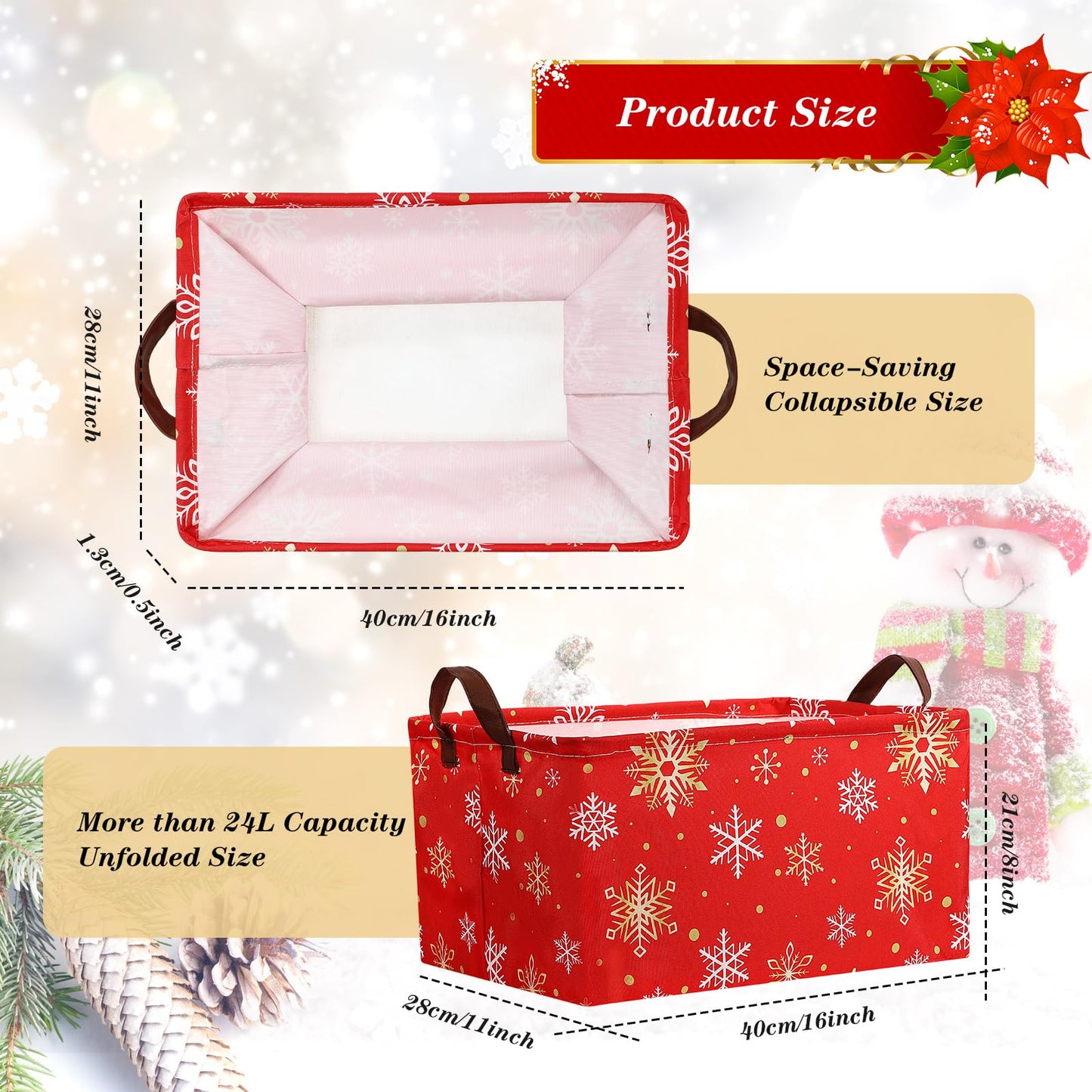 Yoojahow 3 Pack Xmas Christmas Storage Baskets Waterproof Canvas with Leather Handles Collapsible Storage Bins Cube Red Black Baskets for Closet Clothes Room Decor Gift Basket
