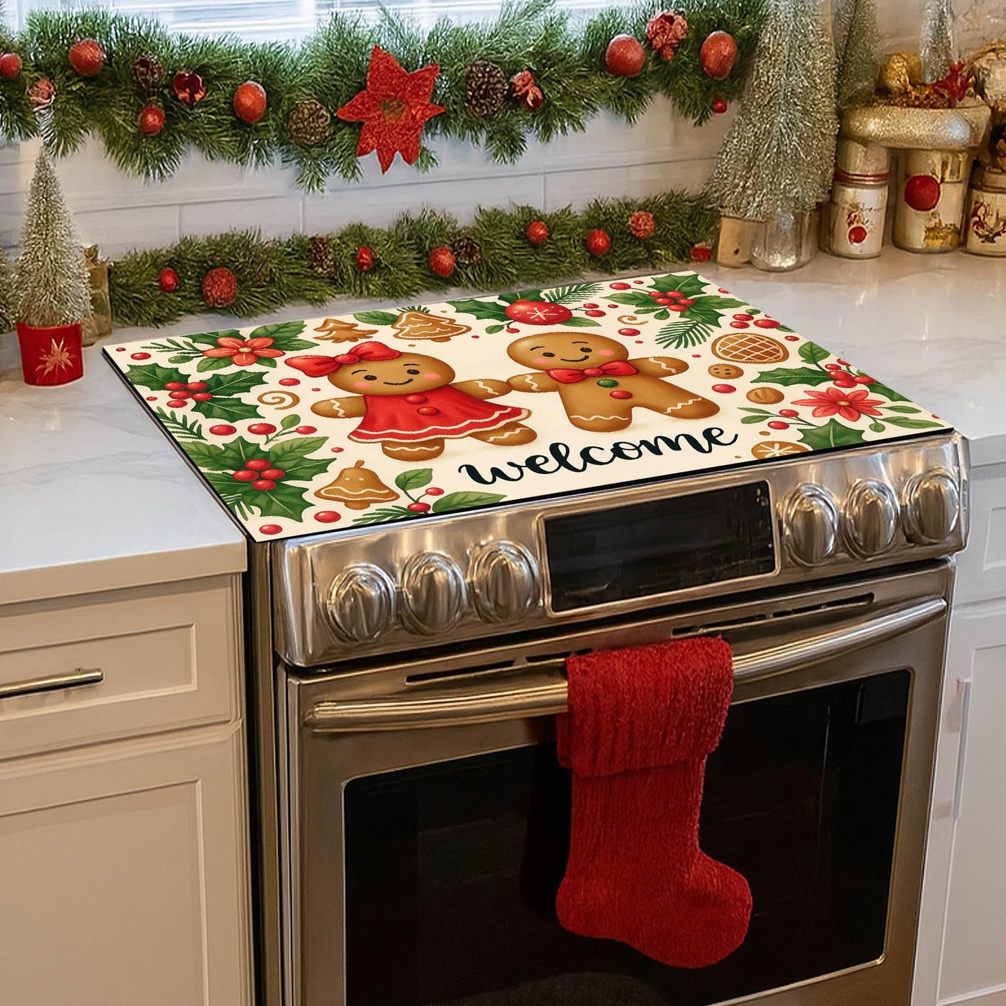 HOMETITUTE Stove Top Covers for Electric Glass Stove 28x20 Inches Christmas Gingerbread Couple Design Heat Resistant Cooktop Protector Cover Glass Stovetop Cover for Kitchen Countertops and Sinks