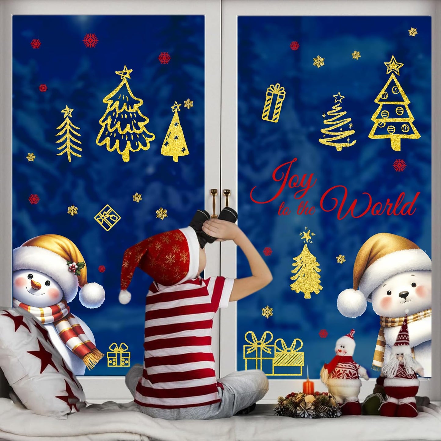 Christmas Window Decorations Stickers Snowman Window Decals Vinyl Christmas Windows Clings Double-Side Xmas Decal Peel and Stick Joy to The World Sticker for Home Xmas Party Supplies Decor