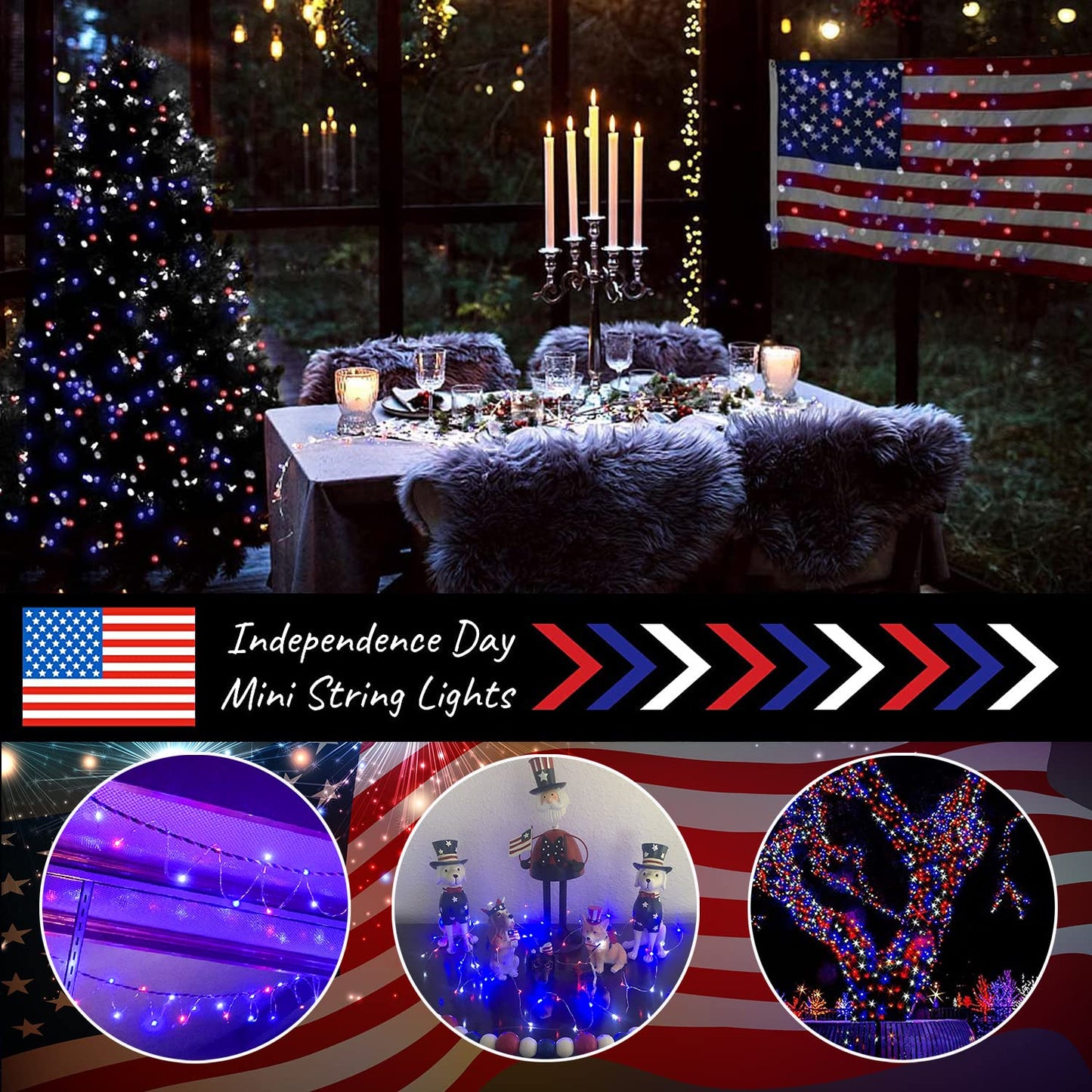 YAOZHOU 4th of July Patriotic Decorations, Red White Blue Solar Fairy String Lights Outdoor Waterproof, 2Pack Total 200LED 66Ft, IP67 8 Modes Outside for Memorial Day, Garden, Patio, Yard