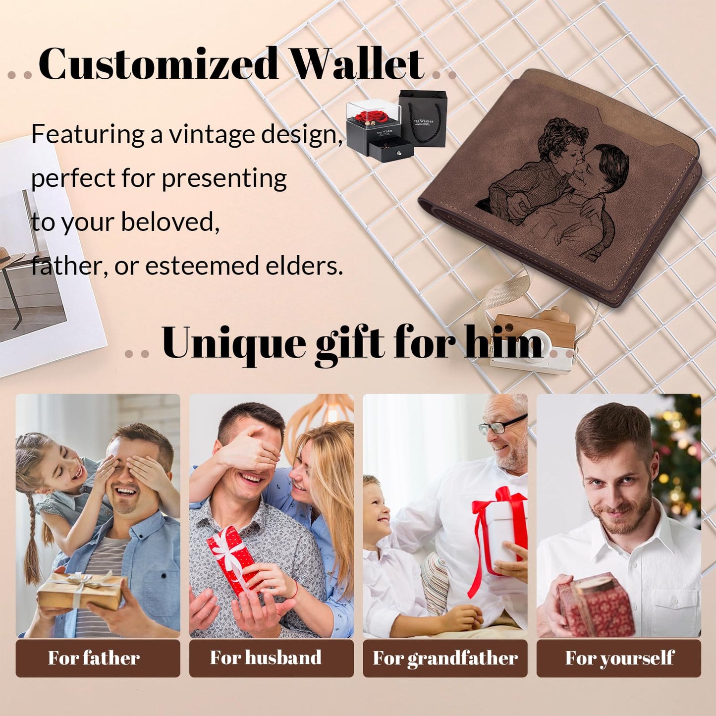 Cupike Custom Wallets for Men, Personalized Minimalist Leather Bifold Wallet Engraved with Name & Photo Initials, Customized Wallet Gifts for Fathers Boyfriend Son Husband