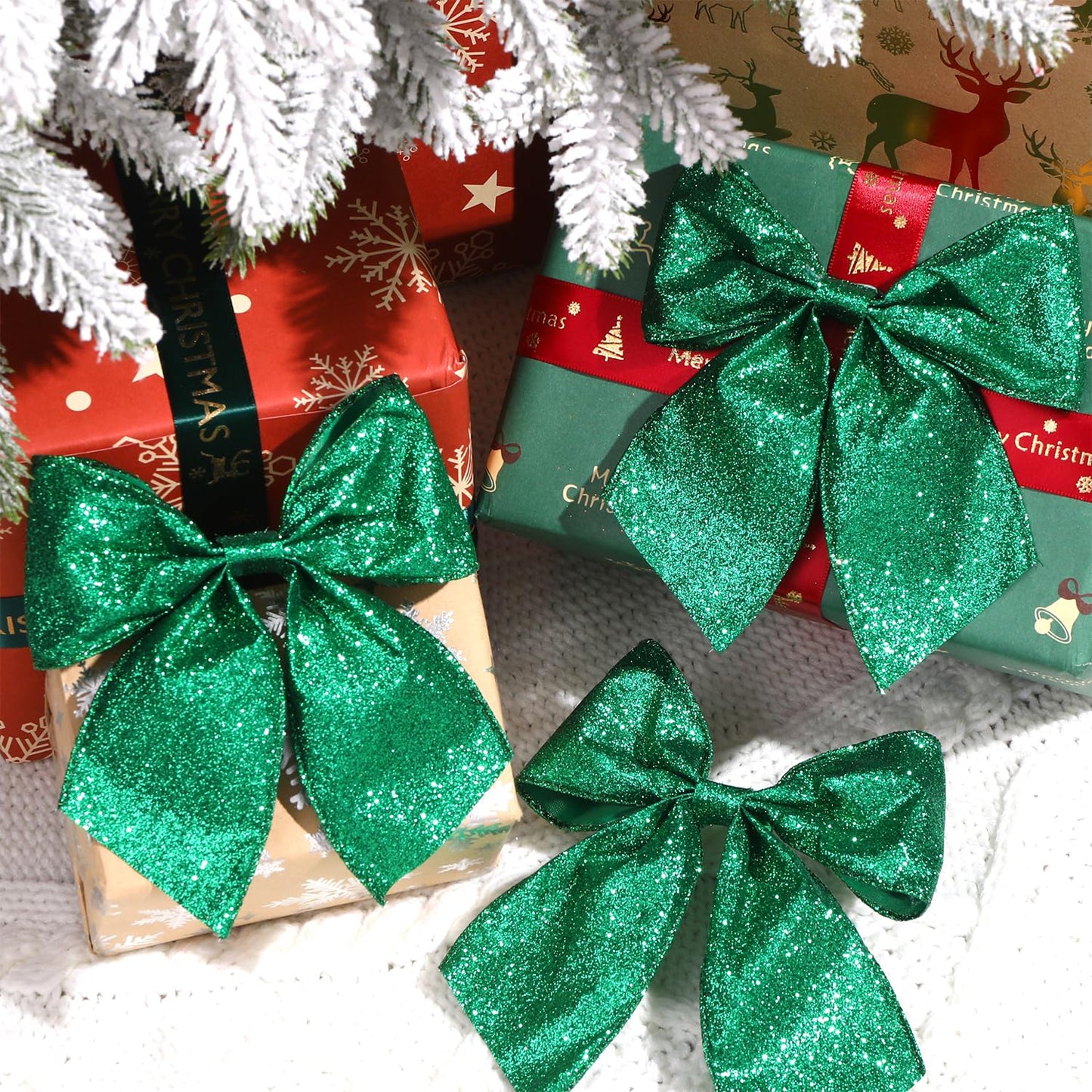 JOICEE 12 Pcs Glitter Ribbon Christmas Bows with Twist Ties,5.5 Inch Premade Metallic Xmas Bows for Christmas Trees Garland Wreath Gift Wrapping Decorations(Green)