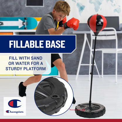 Champion Kids Punching Bag Set for Ages 3-10 – Adjustable 30"–43" Stand, Spring-Rebound Boxing Bag, PU Foam Gloves & Fillable Base – Indoor & Outdoor Youth Boxing Set