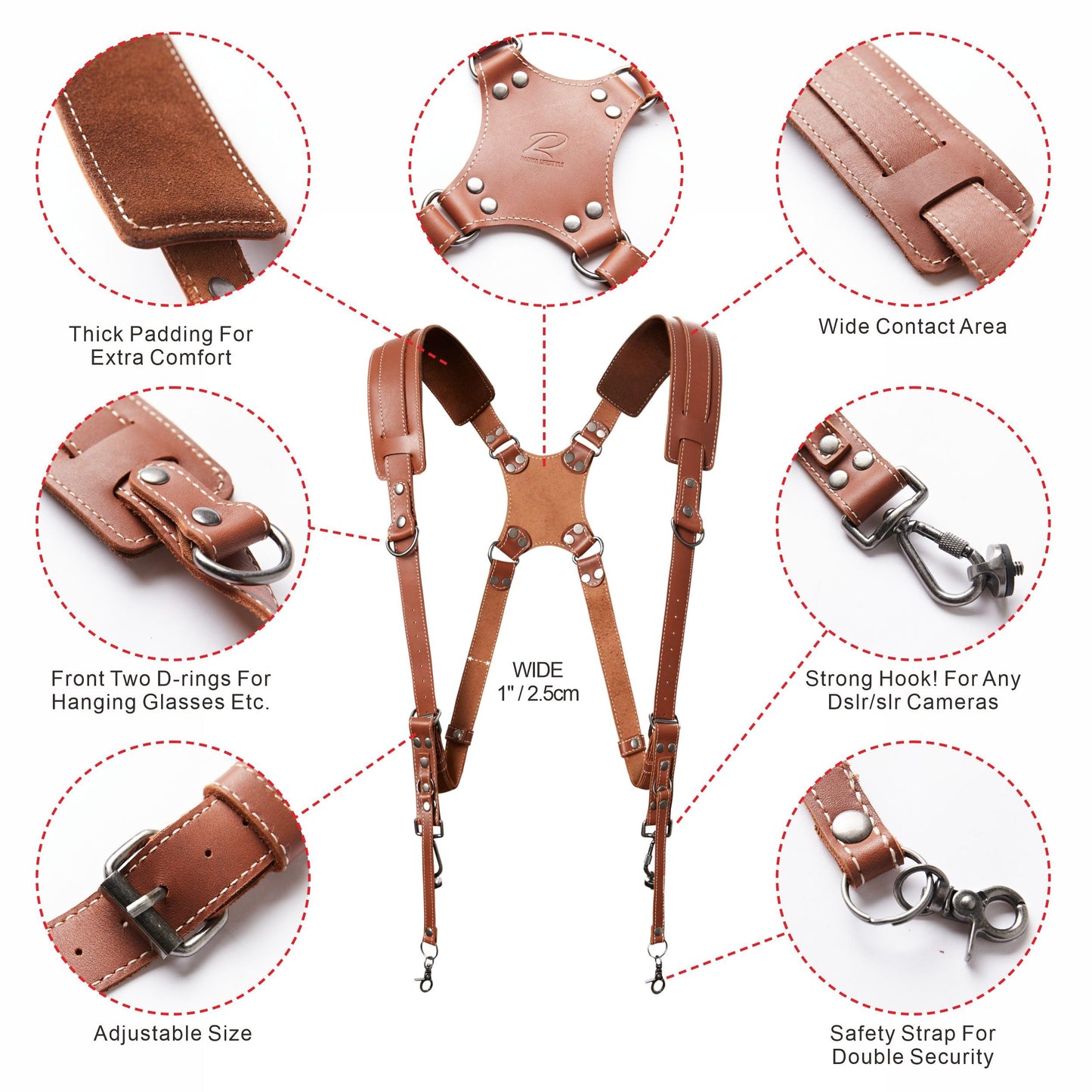 Padwa Lifestyle Tan Dual Camera Harness Strap for Two-Cameras - Dual Shoulder Full Grain Leather Harness,Multi Double Camera Gear for DSLR/SLR Strap,Double Camera Harness for Photographers