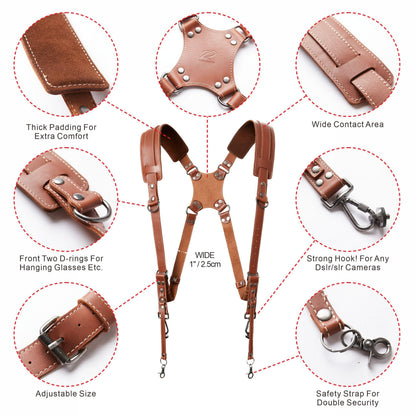 Padwa Lifestyle Tan Dual Camera Harness Strap for Two-Cameras - Dual Shoulder Full Grain Leather Harness,Multi Double Camera Gear for DSLR/SLR Strap,Double Camera Harness for Photographers