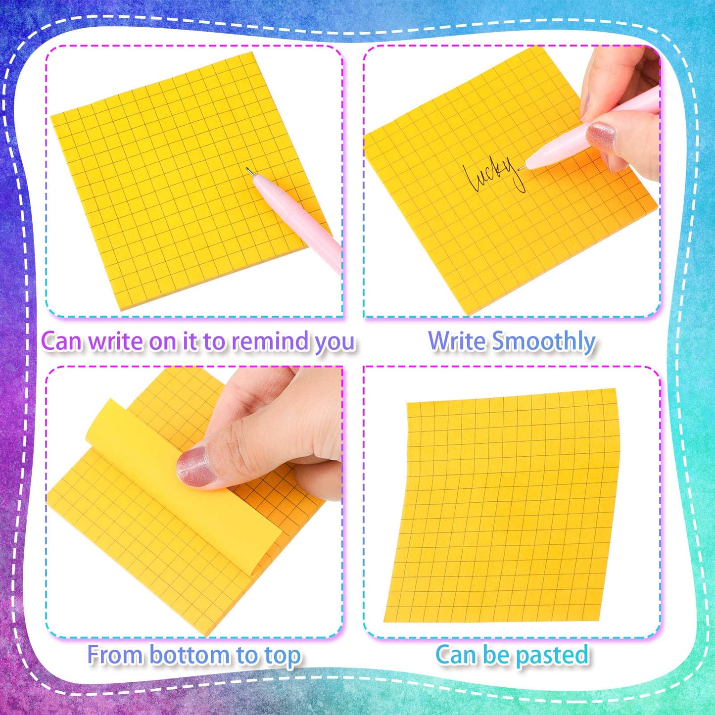 Geosar 24 Pack Lined Grid Sticky Notes 3 x 3 Inch Note Colorful Self Stick Notes Power Memo Pads Strong Adhesive Self Stick Note for Gifts School Office Supplies 8 Colors(Bright Color)