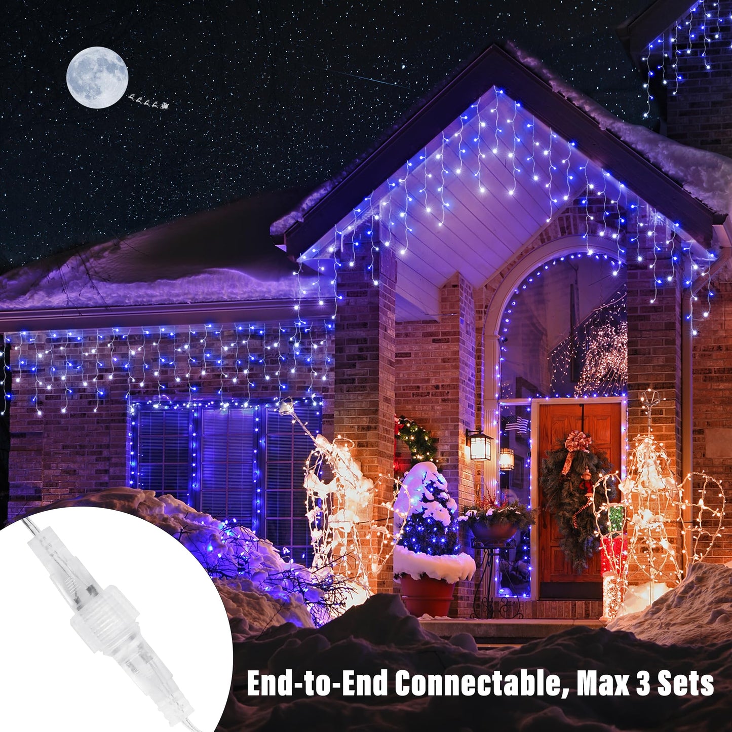 Joomer Christmas Icicle Lights - 33FT Plug in String Lights Waterproof, 8 Modes Timer Connectable Outdoor String Light for Christmas Party, Eaves, Roofs, Xmas Decorations (White+Blue)