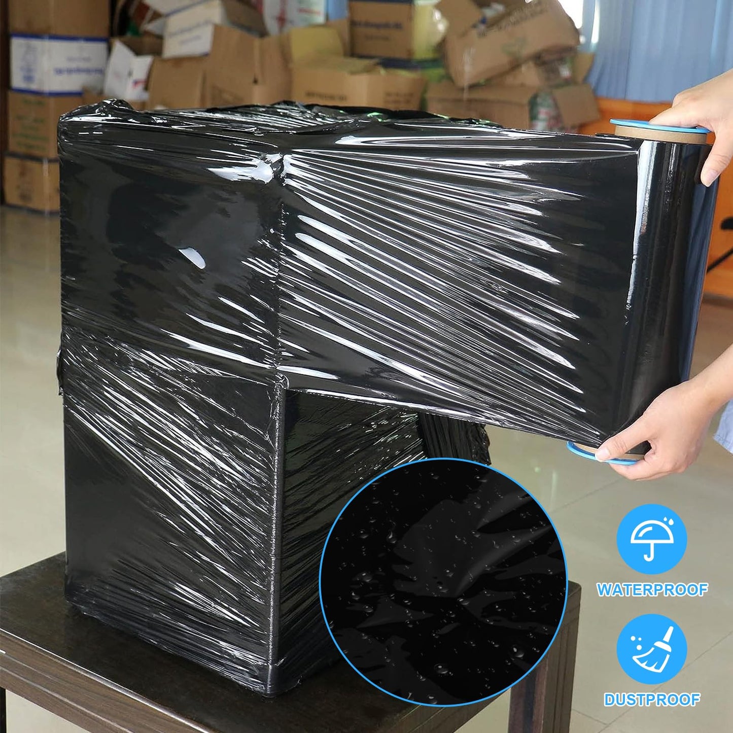 Black Pallet Wrap Stretch Film: 4 Pack Moving Wrapping Plastic Roll with 2 Handles, 18" Strength up to 800%, 80 Gauge Thick Shrink Wrap Roll for Pallet Packaging, Transportation, Stability, Protection