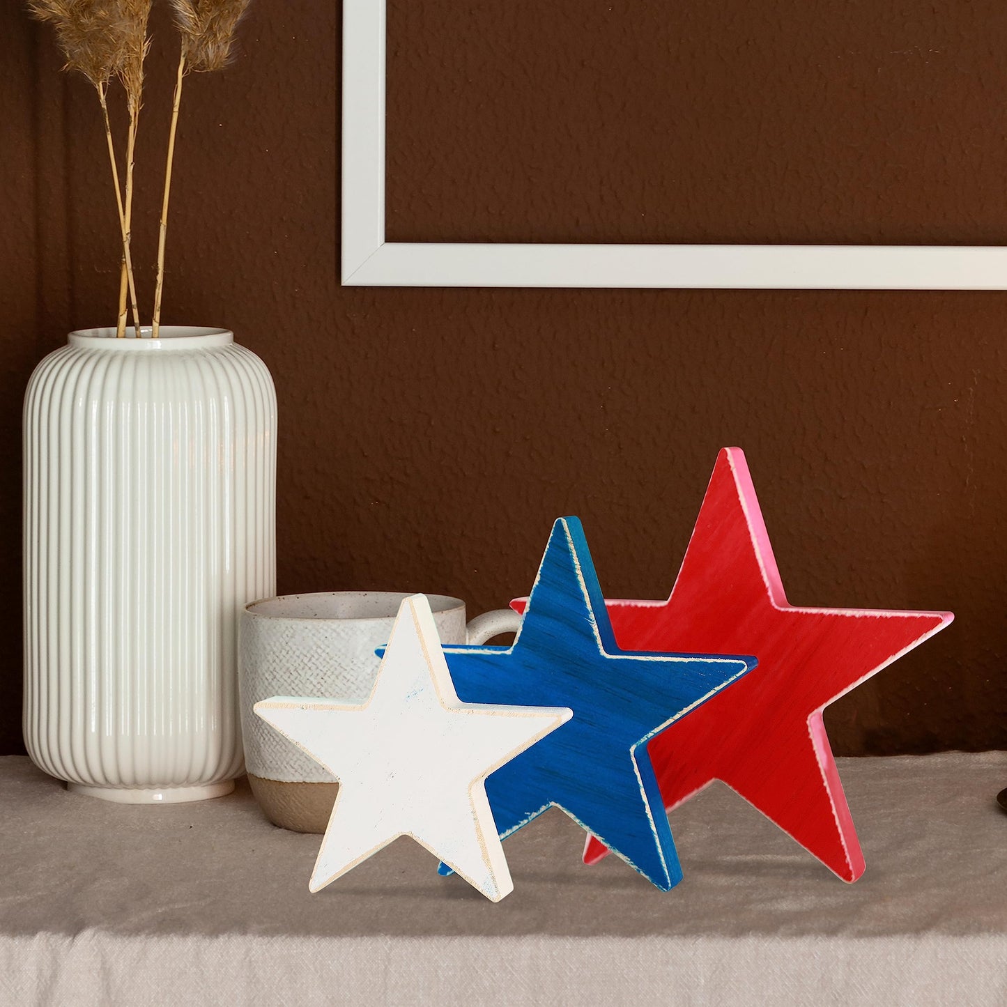 HH Family 4th of July Décor Handmade Rustic Patriotic Wood Stars - Set of 3, Red, White & Blue, Double-Sided Table Signs for Independence Day Decorations (Star1)