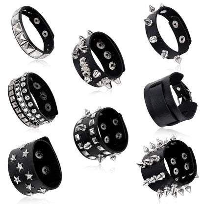 LOAYHOAY 8PCS Spiked Studded Bracelets Cuff for Men Women Black Punk Goth Leather Bracelet Emo Rivet Bracelet Adjustable Rock Pop 80s 90s Retro Button Metal Wrap Wristbands Halloween Accessories C