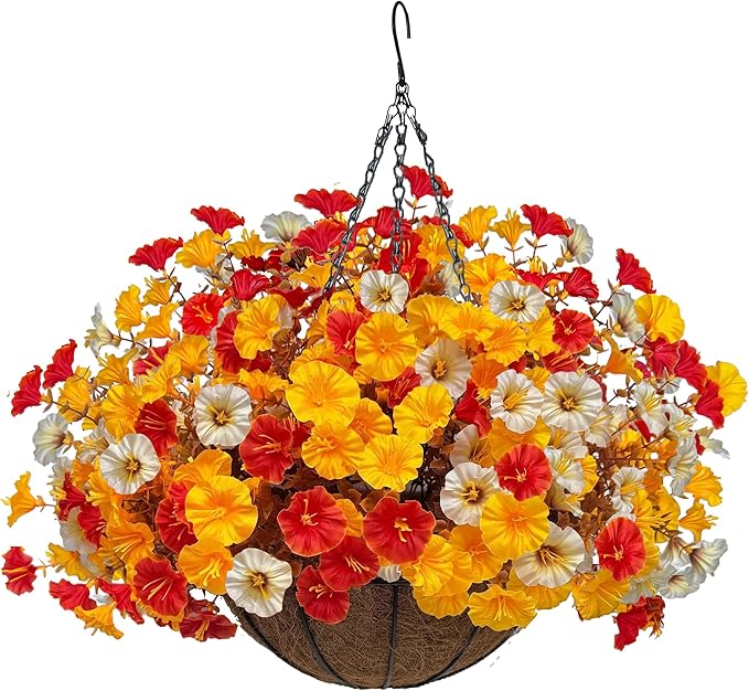 Artificial Fall Flowers with Hanging Baskets Outdoors, Faux mums for Outdoor planters, Fake Mums Petunia Artificial Hanging Plants UV Resistant for Autumn Porch Garden Home Yard Decor (Early Harvest)