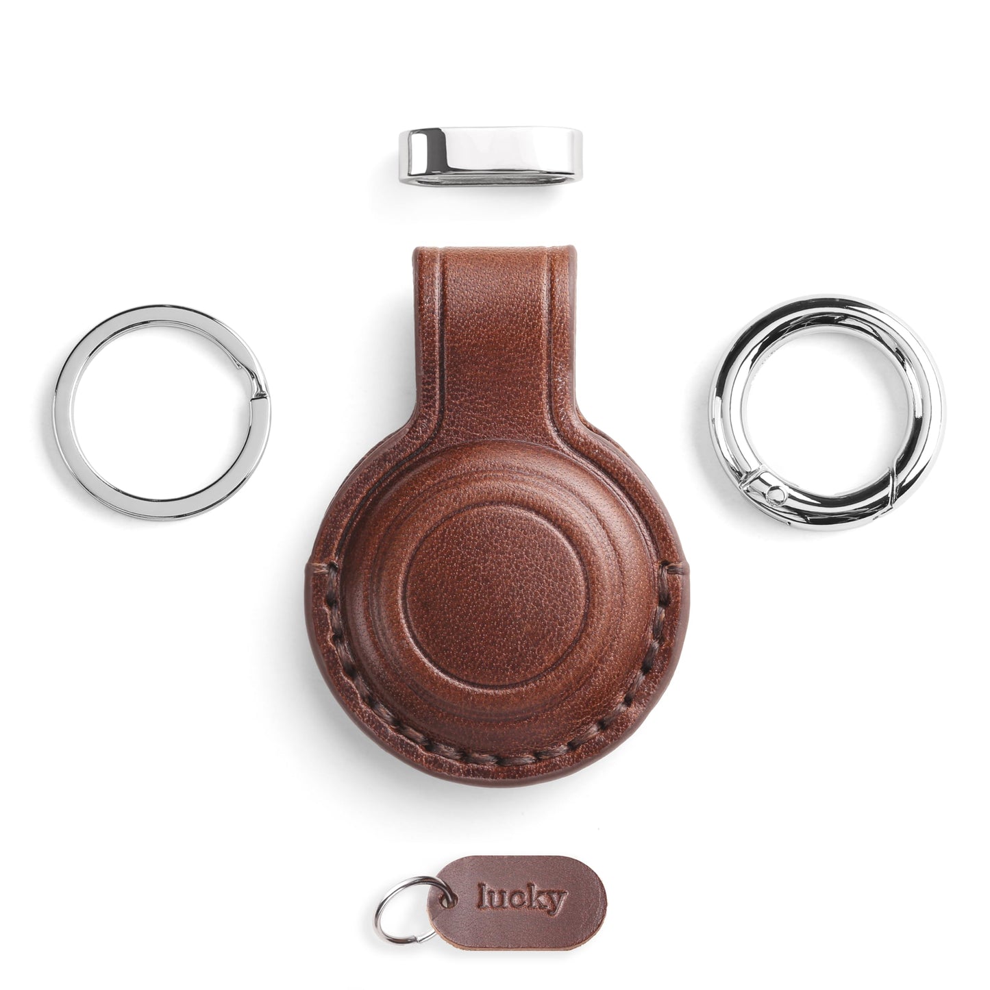 Jayanes Genuine Leather AirTag Keychain Holder - Compatible with Apple AirTag Holder Keychain, Secure Hidden Air Tag Case Cover Key Chain Ring Fob Accessories (Dark Brown)