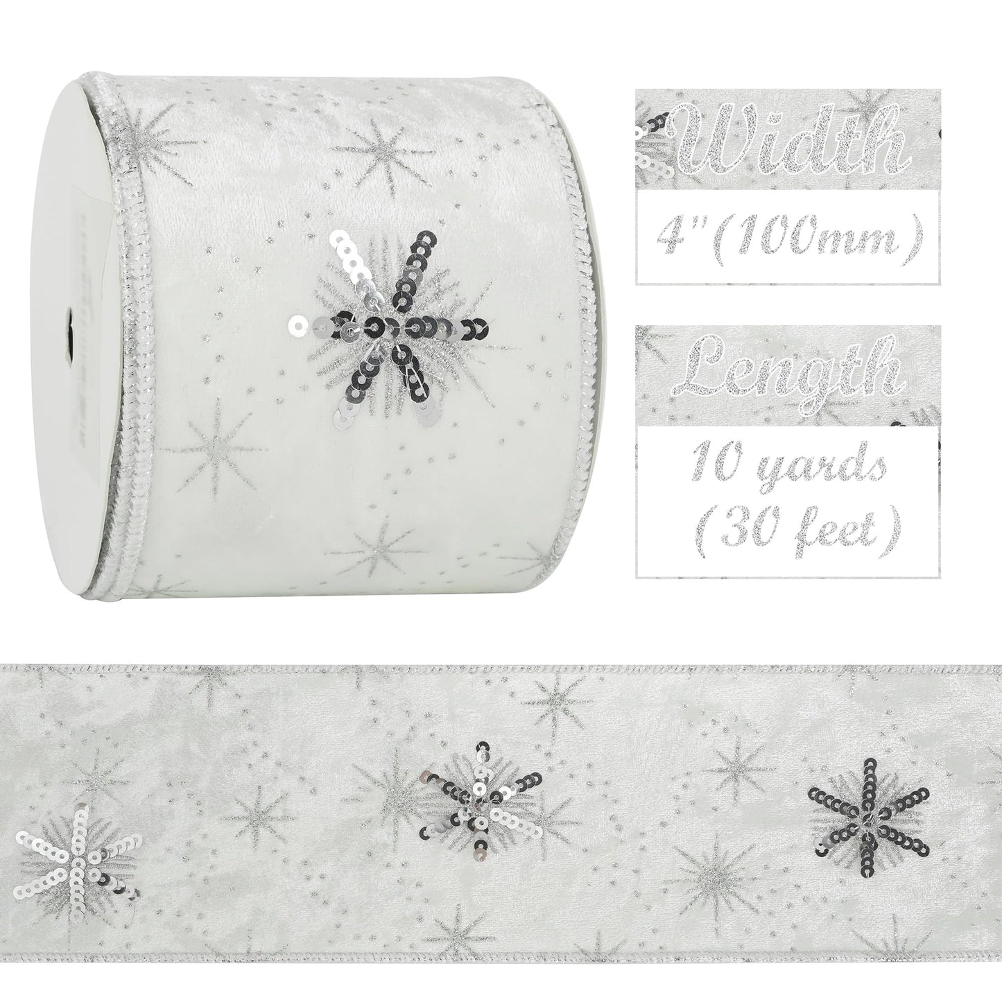 HUIHUANG White Christmas Ribbon 4 Inch Velvet Wired With Sequin Snowflakes - Silver and White for Tree Decoration, Top Bows, Garlands, Staircases, Wreaths - 10 Yards