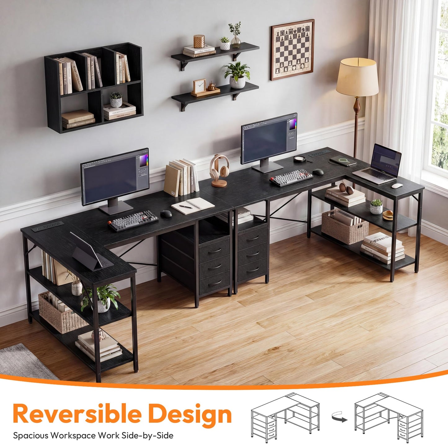 Alpen Computer Desk with Drawers, L Shaped Desk for Bedroom with Power Outlets, Gaming Table with 3 Drawers and Shelves, Corner Desk for Gaming, Study Writing PC Table, 47 Inch, Black