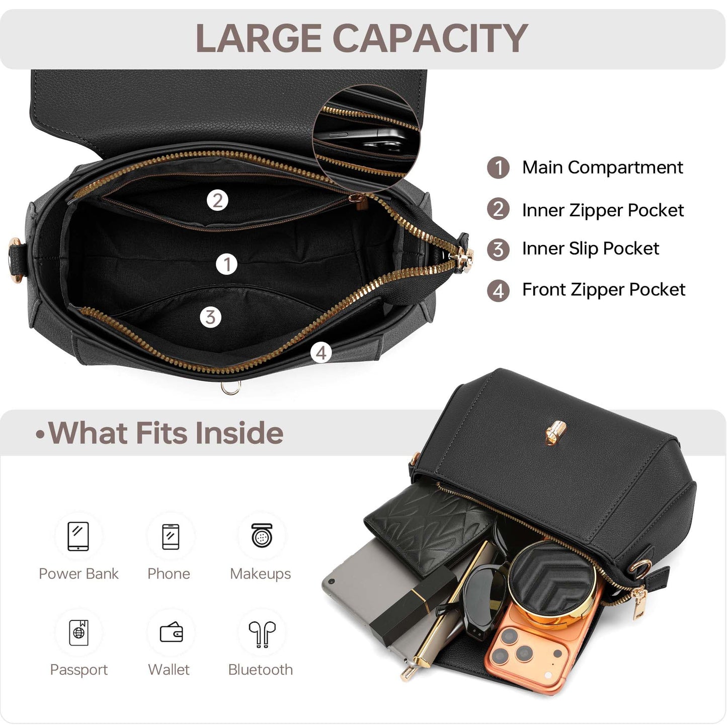 Goinsound Vegan Leather Crossbody Bag for Women Top Handle Purse Flap Shoulder Bag for Women Trendy Handbag with 2 Removable Straps Black