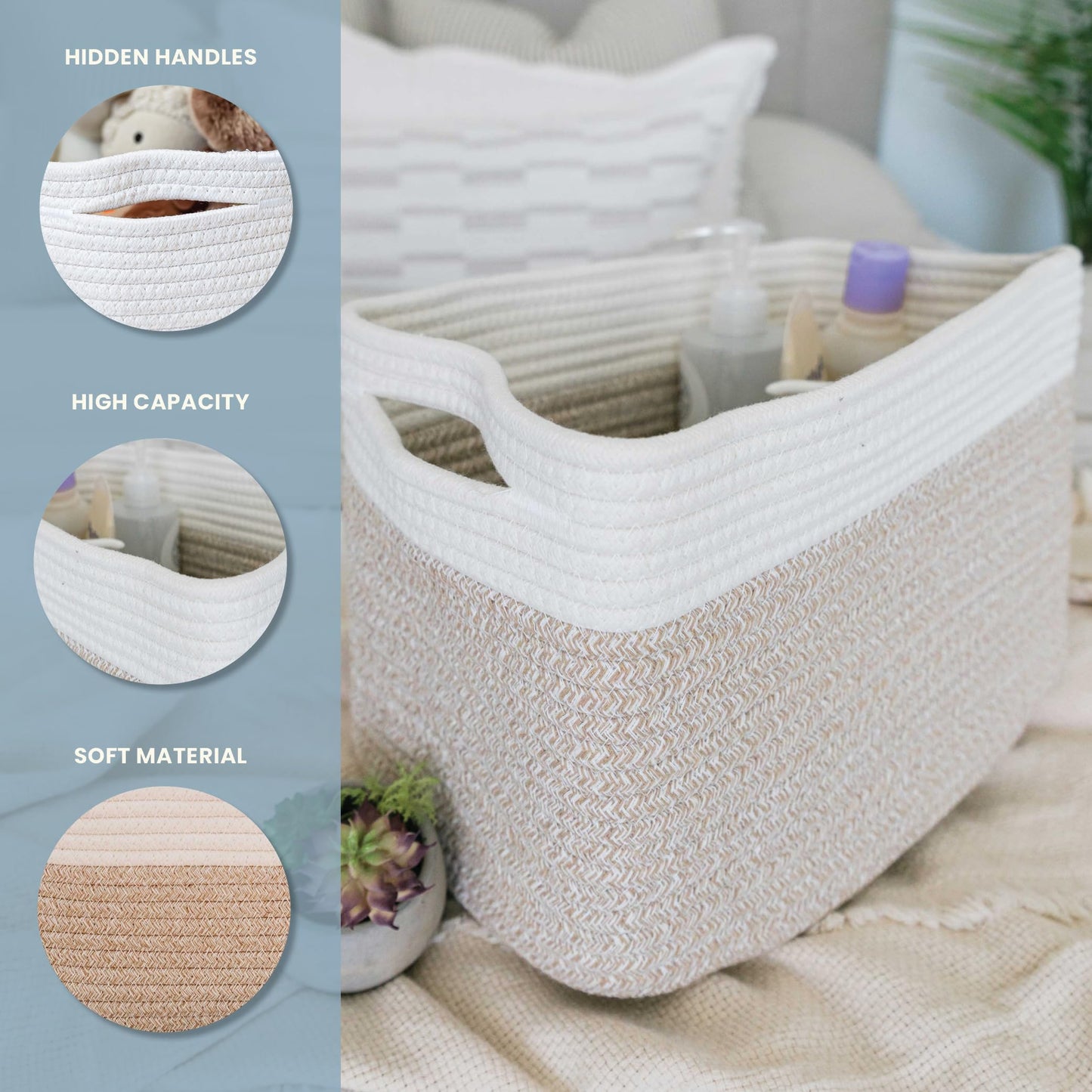 Light Honey Cotton Rope Baskets for Shelves, Set of 3 - 15"×10"×9½" - Woven Storage Baskets for Organizing - Closet, Nursery, Bedroom, Playroom - Toys, Books, Towels, Clothes