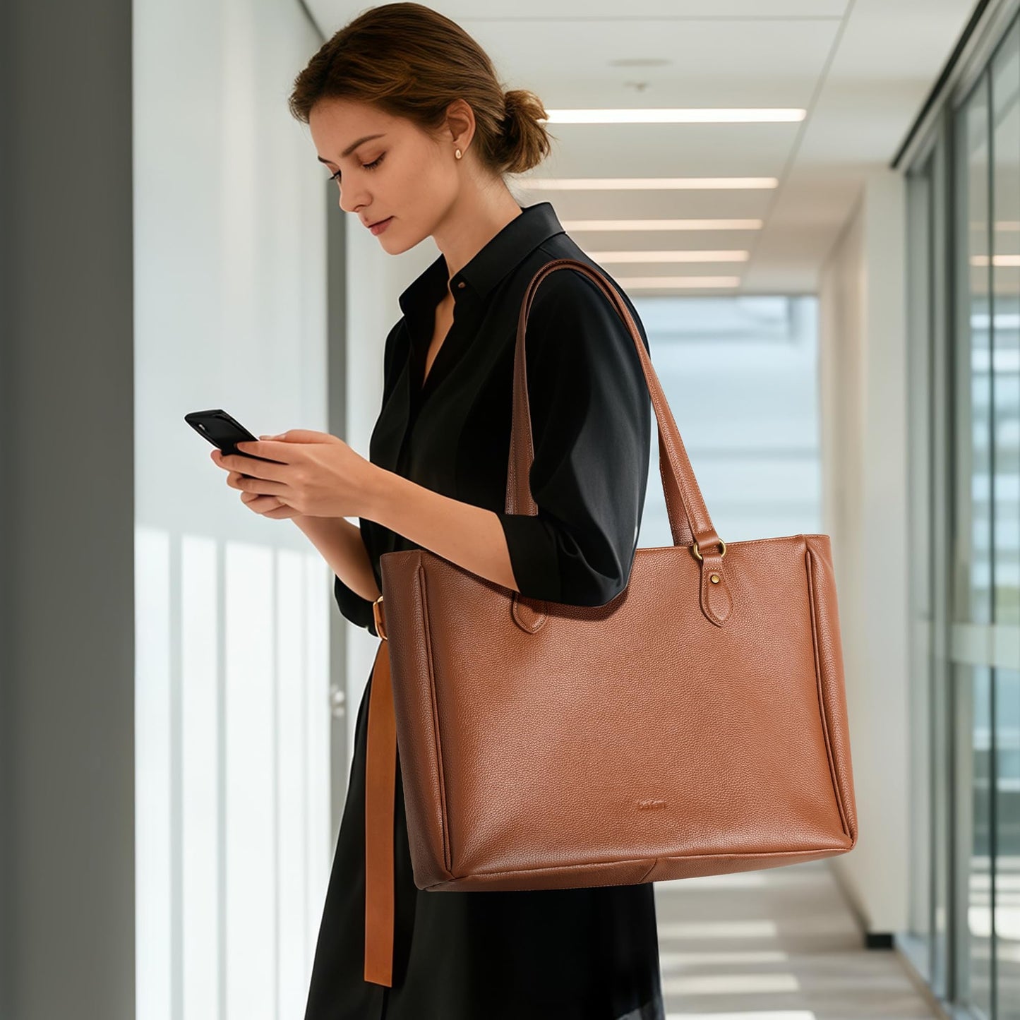 befen Real Leather Work Tote Bag for Women Multi-Pockets Shoulder Totes Purse Satchel Office Bags Handbag with Cup Holder for Work & Travel Cognac Brown