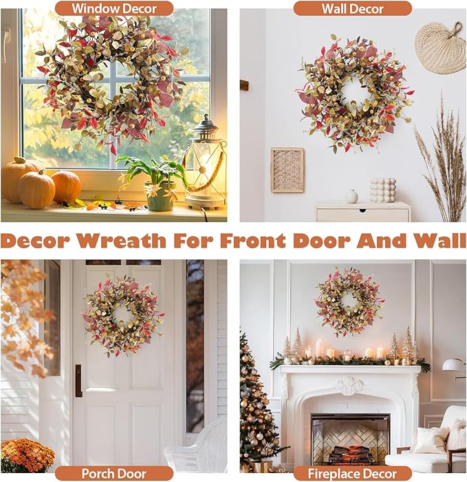 22 Inch Fall Wreath for Front Door Berry Autumn Wreath with Green and Purple Leaves, Large Grapevine Wreaths for Fall Door Decor Farmhouse Wall Window Home Decoration