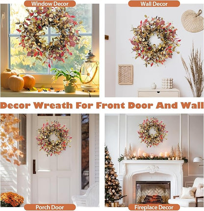 22 Inch Fall Wreath for Front Door Berry Autumn Wreath with Green and Purple Leaves, Large Grapevine Wreaths for Fall Door Decor Farmhouse Wall Window Home Decoration
