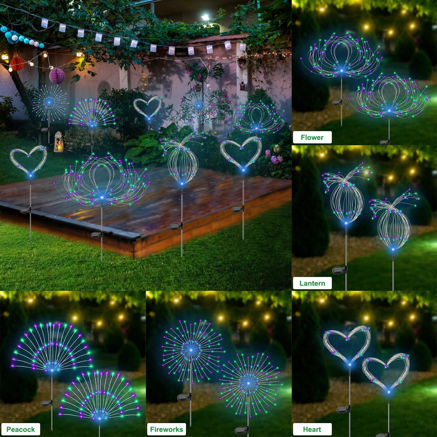 Slyuexu Solar Garden Lights Outdoor Waterproof, 2 Pack 120 LED Solar Firework Lights Decorative Garden Décor Outside for Flowerbed Pathway Party Halloween Christmas Decorations, Green + Purple