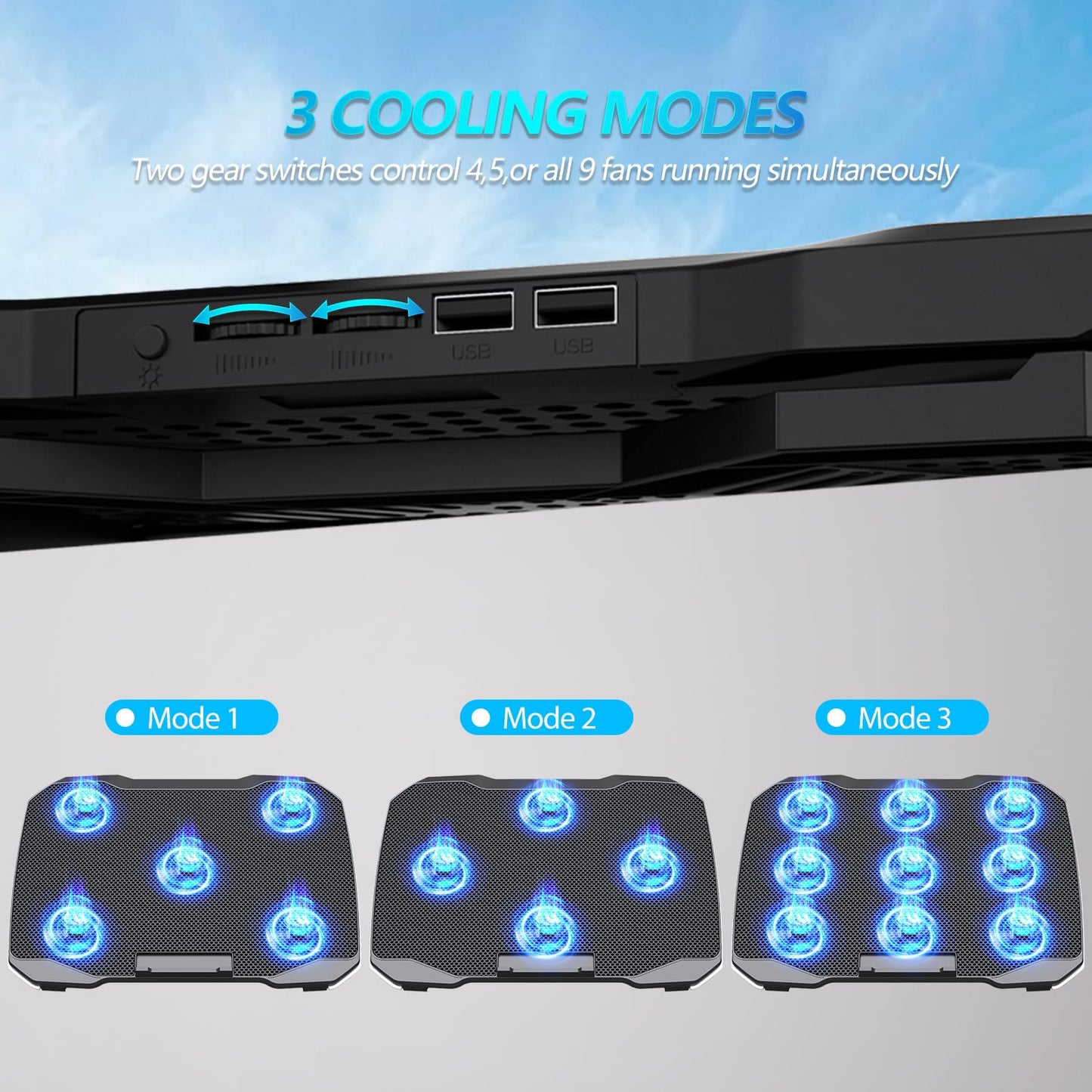 AIMIUZI Laptop Cooling Pad, Gaming Laptop Cooler with 9 Quiet Fans, Laptop Cooling Stand for 12-17 Inch, Laptop Computer Fan with 5 Height Adjustable,2 USB Ports,1 Phone Stand