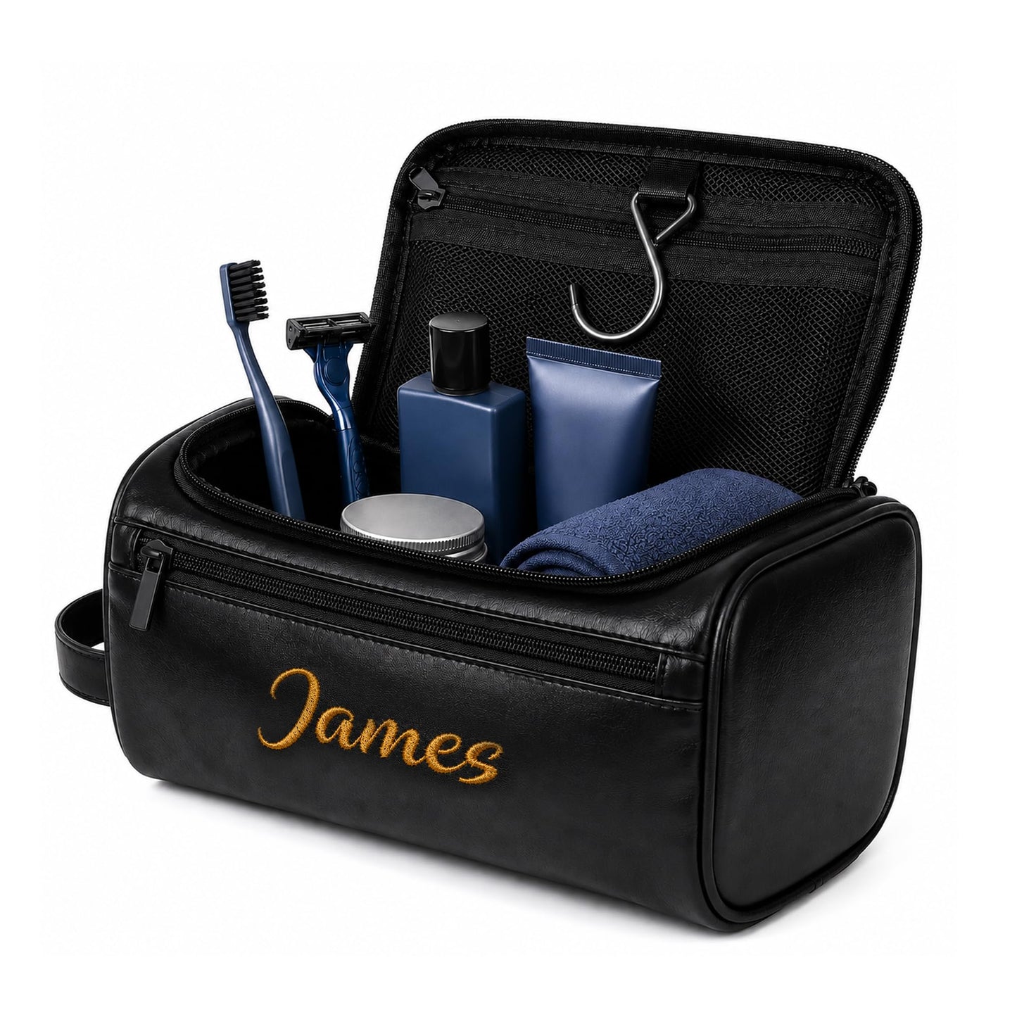 Personalized Toiletry Bag for Dad, Custom Embroidery with Name Letter PU Leather Waterproof Toiletry Organizer Dopp Kit Travel Essential for Dad Husband Groomsmen Father's Day Anniversary(Black)