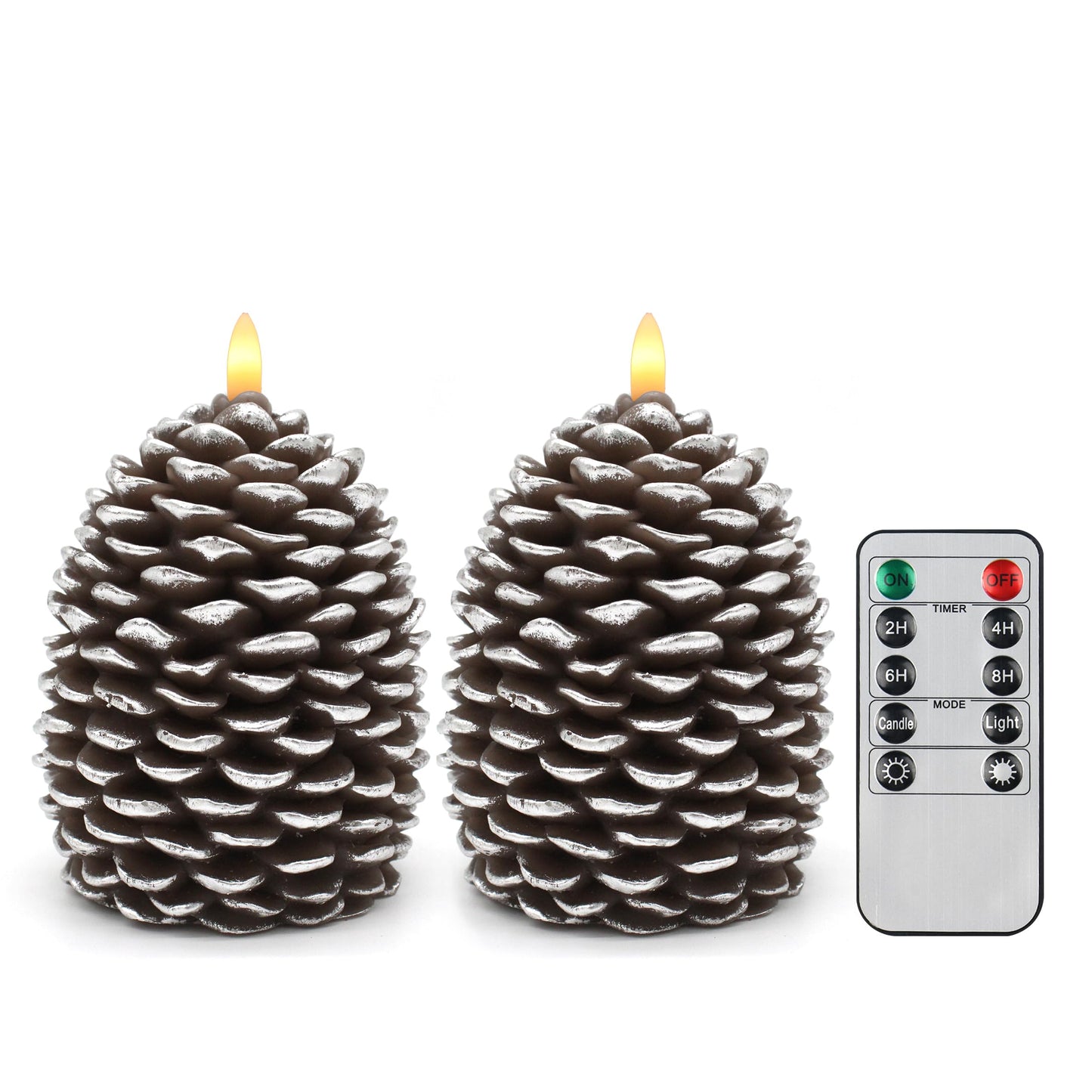 CVHOMEDECO. Pine Cone Candles Battery Operated Pinecones with Remote and Timer, Pine Cones Candle LED Flameless Flickering Candles for Fall, Christmas Decor. Silver-Brown, H 5.5 Inch, Pack of 2