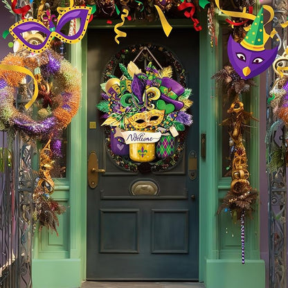 Boao Welcome Mardi Gras Door Decorations Mardi Gras Sign Hanging Decoration wall Hanger Masquerade Carnival Wreath for Outdoor Farmhouse Porch Front Door Decor