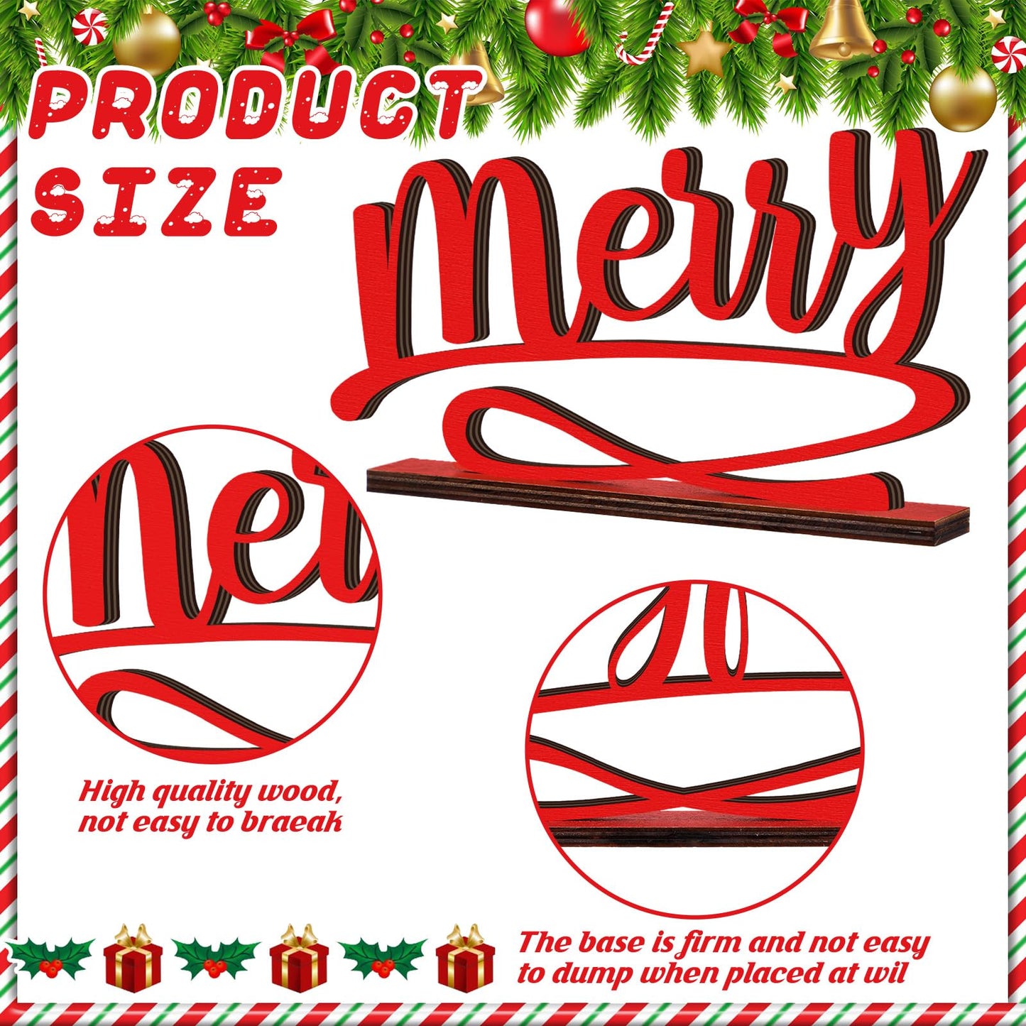 Kathfly 3 Pcs Christmas Tabletop Word Sign Believe Joyful Merry Xmas Mantle Decor Freestanding Christmas Mantle Sign Xmas Wood Cutouts Table Plate Rustic Ornaments for Home Office Decoration(Red)