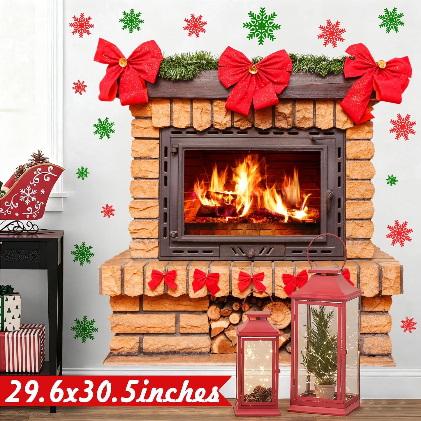 Large Christmas Wall Stickers Christmas Wall Decoration Vinyl Decals Realistic Bow Fireplace Decal for Walls Peel and Stick Indoor Snowflakes Xmas Art Murals for Living Room Holiday Party Supplies