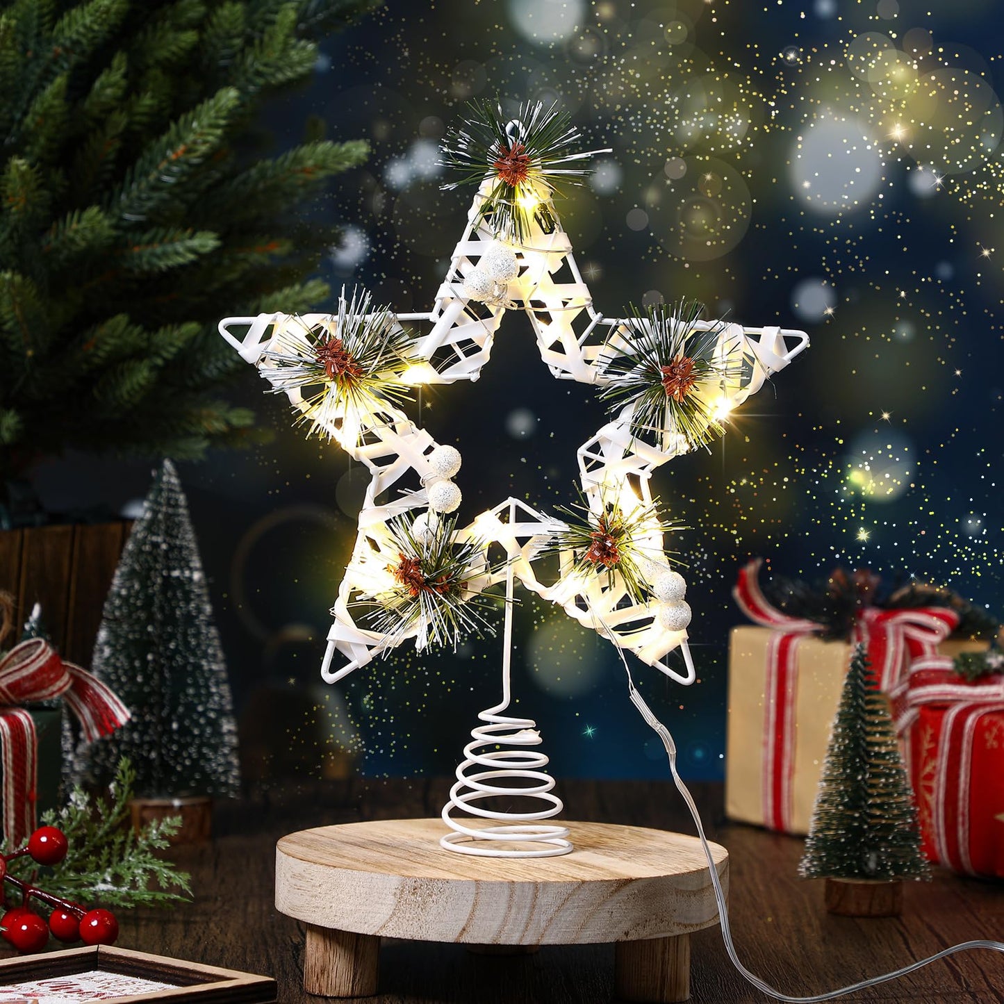 Amyhill White Christmas Star Tree Topper Decor 8 x 11 Inch Farmhouse Rustic Lighted Metal Tree Topper Farmhouse Christmas Ornament for Xmas Holiday Seasonal Decorations