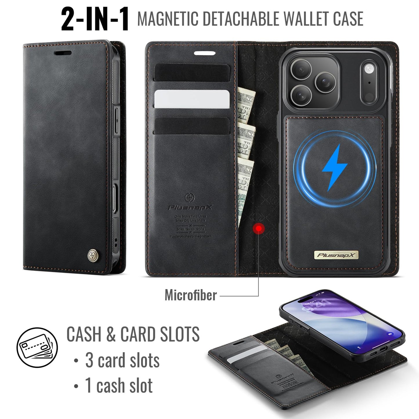PlusnapX Wallet Case for iPhone 17 Pro Max Compatible with Magsafe, 2-in-1 PU Leather Flip RFID Blocking Card Holder Stand Shockproof Magnetic Detachable Cover for iPhone 17 Pro Max Case 6.9", Black